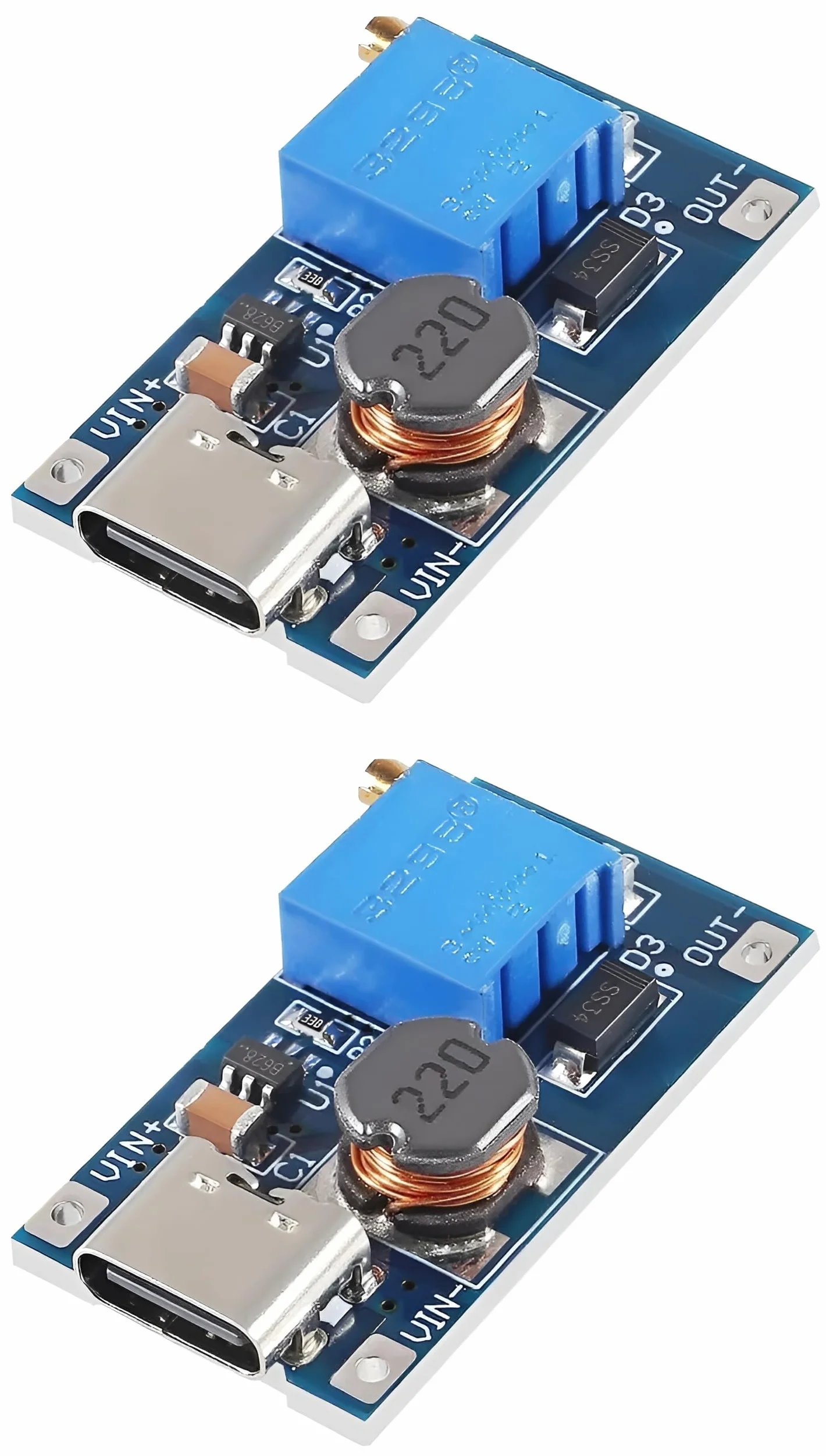 MT3608 (2 unidades) Módulo Elevador DC-DC Boost/Step-Up Ajustable, USB Tipo C. Convertidor de 2V~24V a 5V~28V, 2A