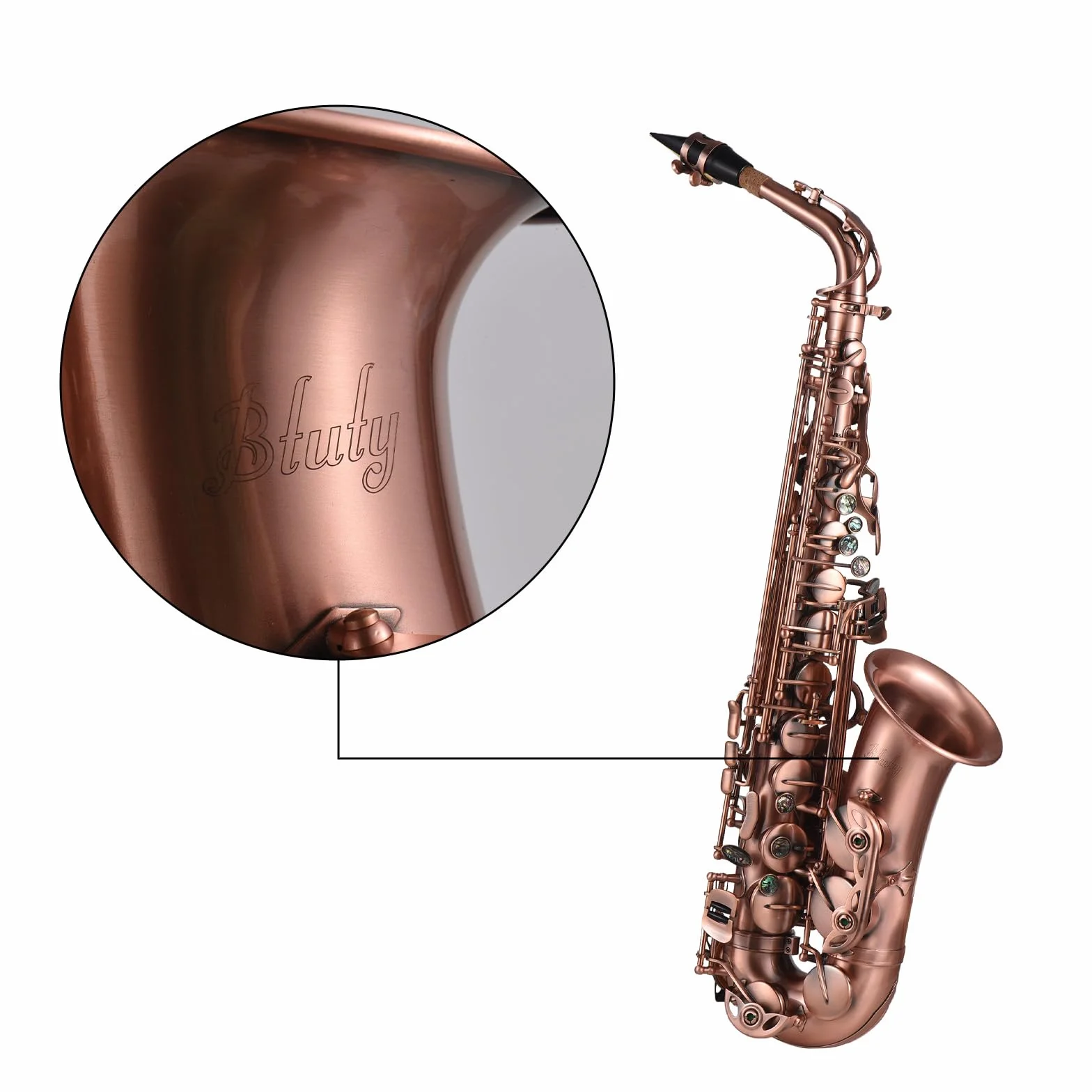 Btuty E-flat - Saxofón alto, bronce rojo, incrustaciones de teclas de abulón, almohadillas de cuero resistentes al agua, viene con funda y guantes