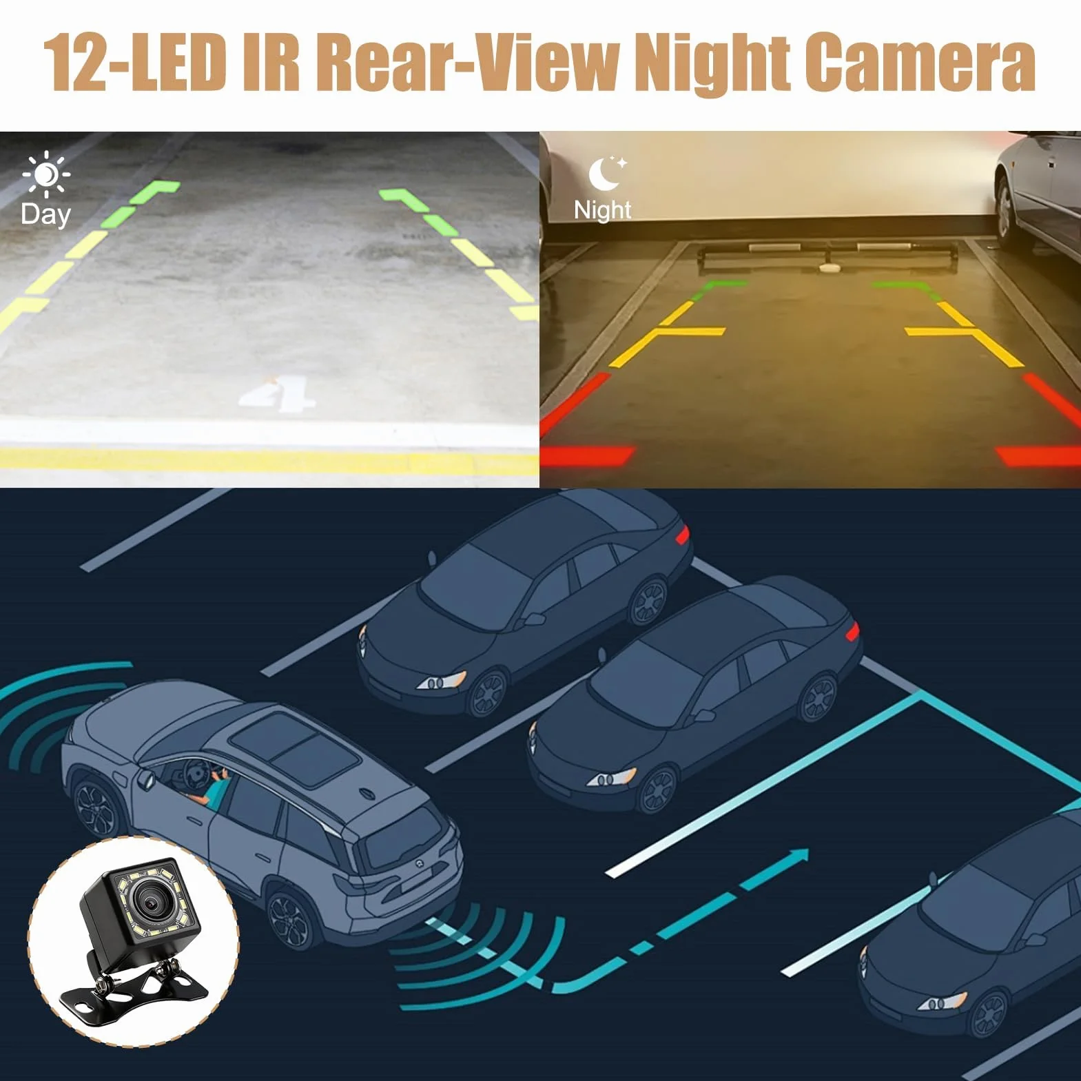 Cámara de Marcha Atrás Coche 1080P Ultra HD, 12 LED Visión Nocturna Súper, IP68 Impermeable 170° Gran Angular, 12V-24V Cámara Trasera Universal para SUV Camiones Automóviles Pickup Furgonetas