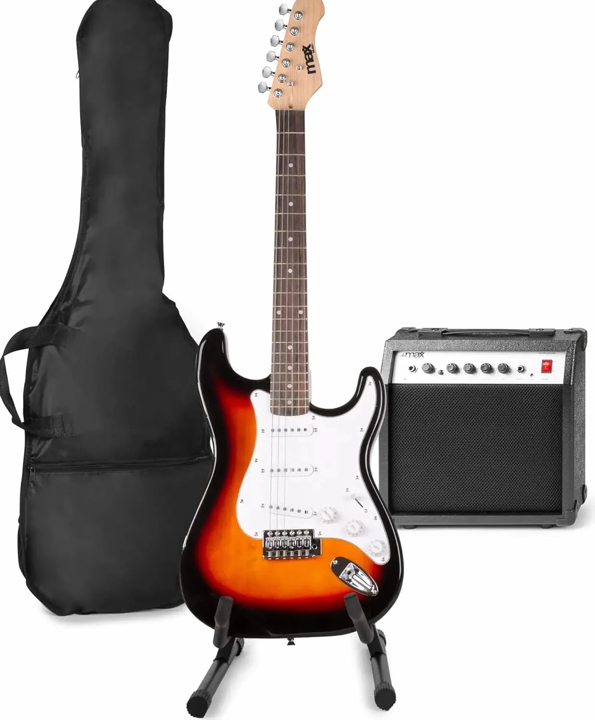 MAX GigKit kit de guitarra eléctrica, amplificador de guitarra de 40W, soporte de guitarra, funda de guitarra, afinador de guitarra, cable de instrumento, correa de guitarra y accesorios - Sunburst