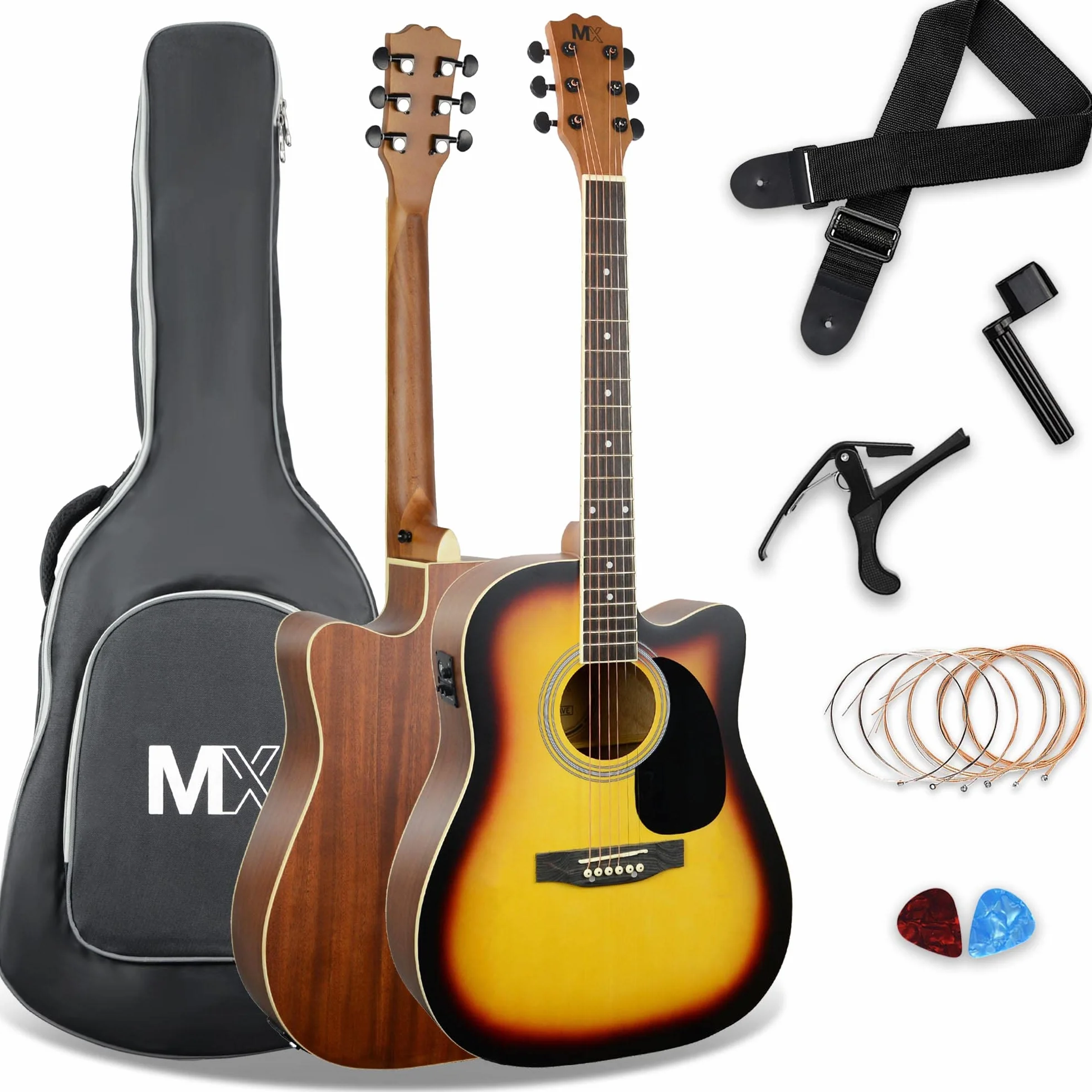 3rd Avenue Pack de guitarra electroacústica de calidad avanzada y tamaño estándar con cortadura y tapa anterior de abeto en color sunburst