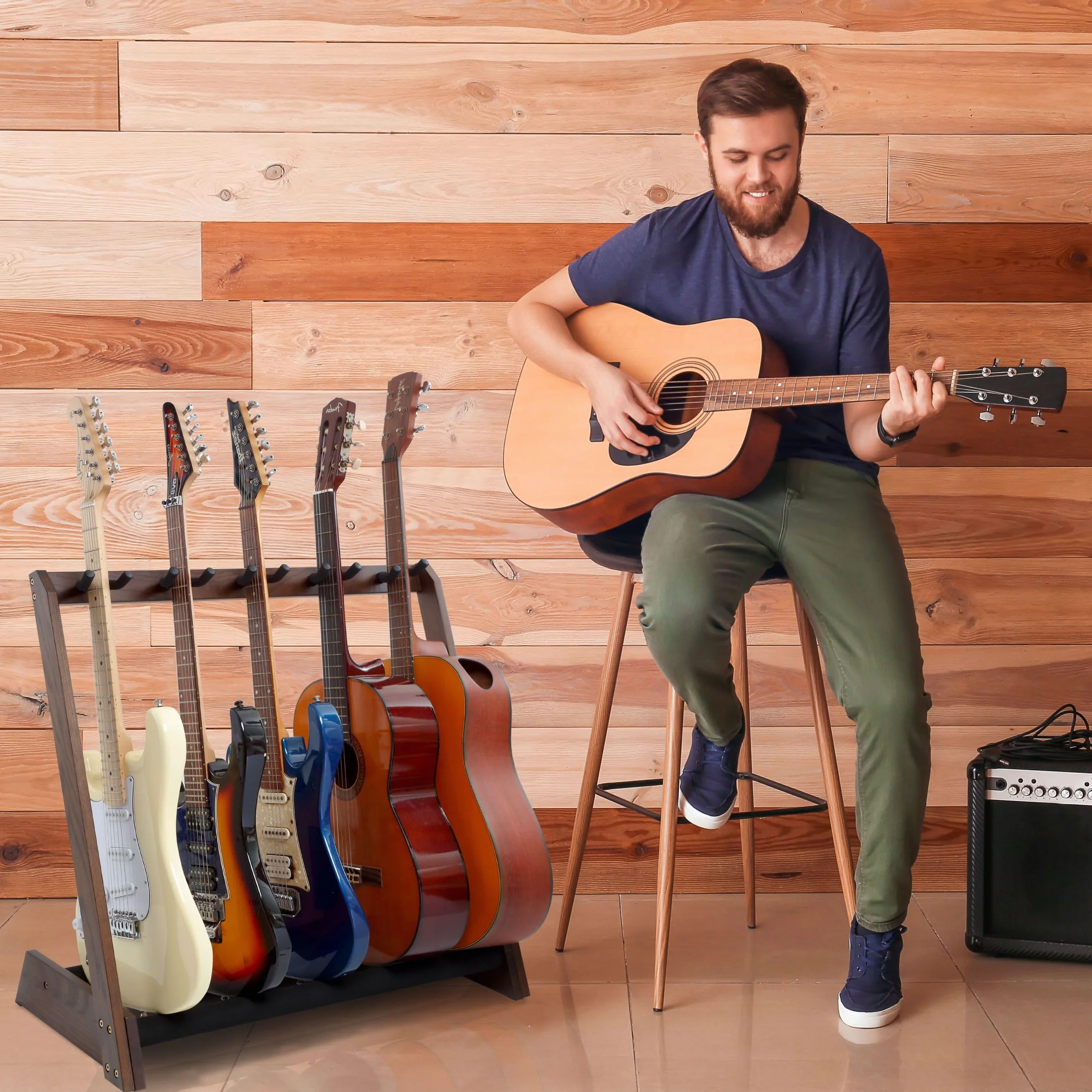 Nefelibata Soporte multiusos para guitarra, 5 soportes, soporte de madera para guitarras y fundas, guitarras eléctricas, acústicas, bajos, violonchelos, fresno alemán