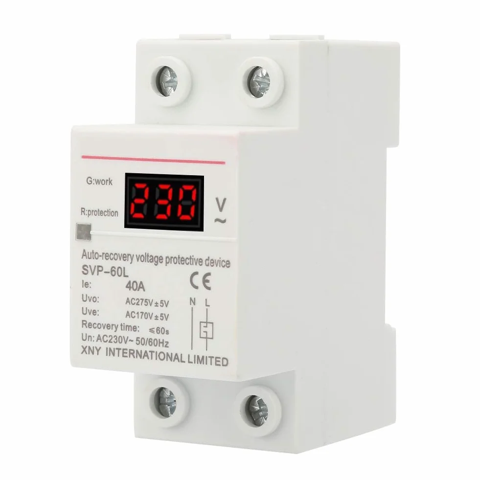 Jadeshay Dispositivo Protección Sobretensión Subtensión,230V 40A Voltaje Protector Carril DIN Recuperación Automática contra Sobrevoltaje y Bajo Voltaje con Luz Indicadora y Pantalla de Voltaje LED