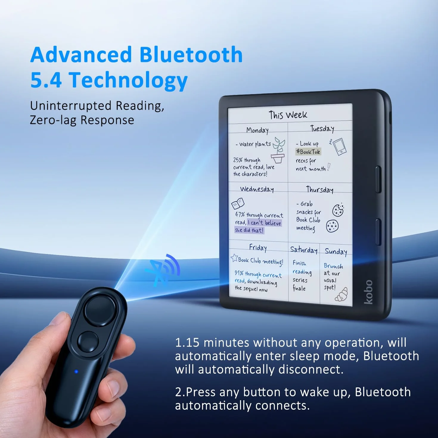 Pasapáginas Bluetooth Negro Mando a Distancia para Kobo Clara 2E/BW/Colour Libra 2/Colour Sage
