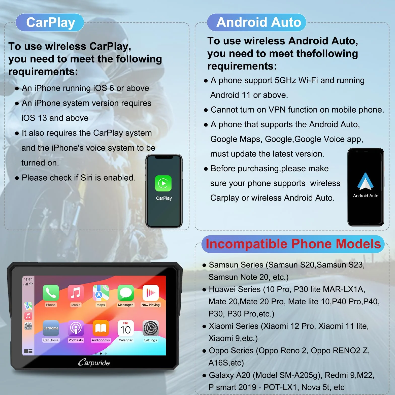 Carpuride W702B Pantalla GPS Carplay para Motocicleta 7 Pulgadas Impermeable Bluetooth