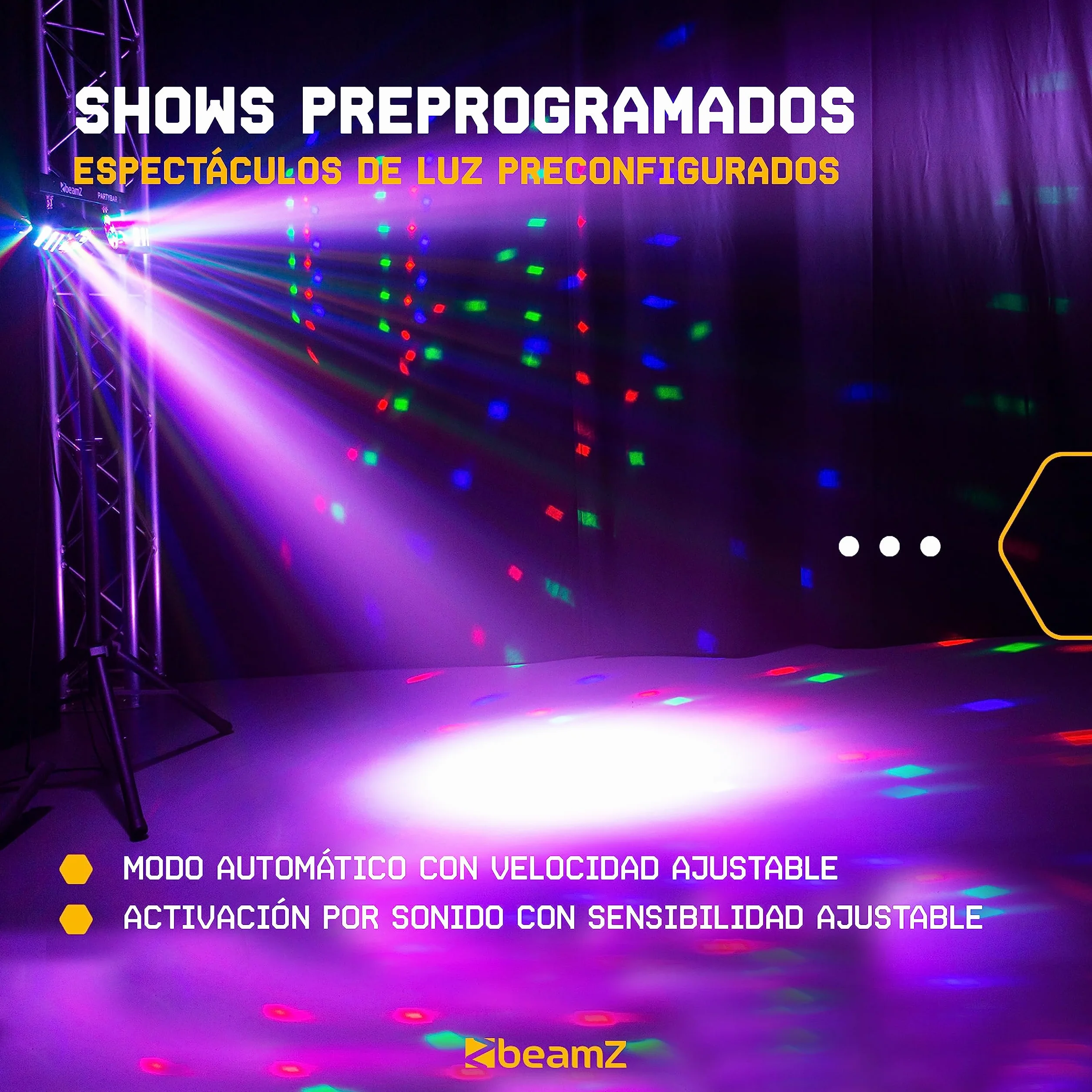 BeamZ Partybar2 - Sistema de iluminación con 2 focos PAR LED y 2 efectos Derby, control por sonido y DMX, programas automáticos, trípode incluido, ideal para fiestas, DJs, escenarios o eventos