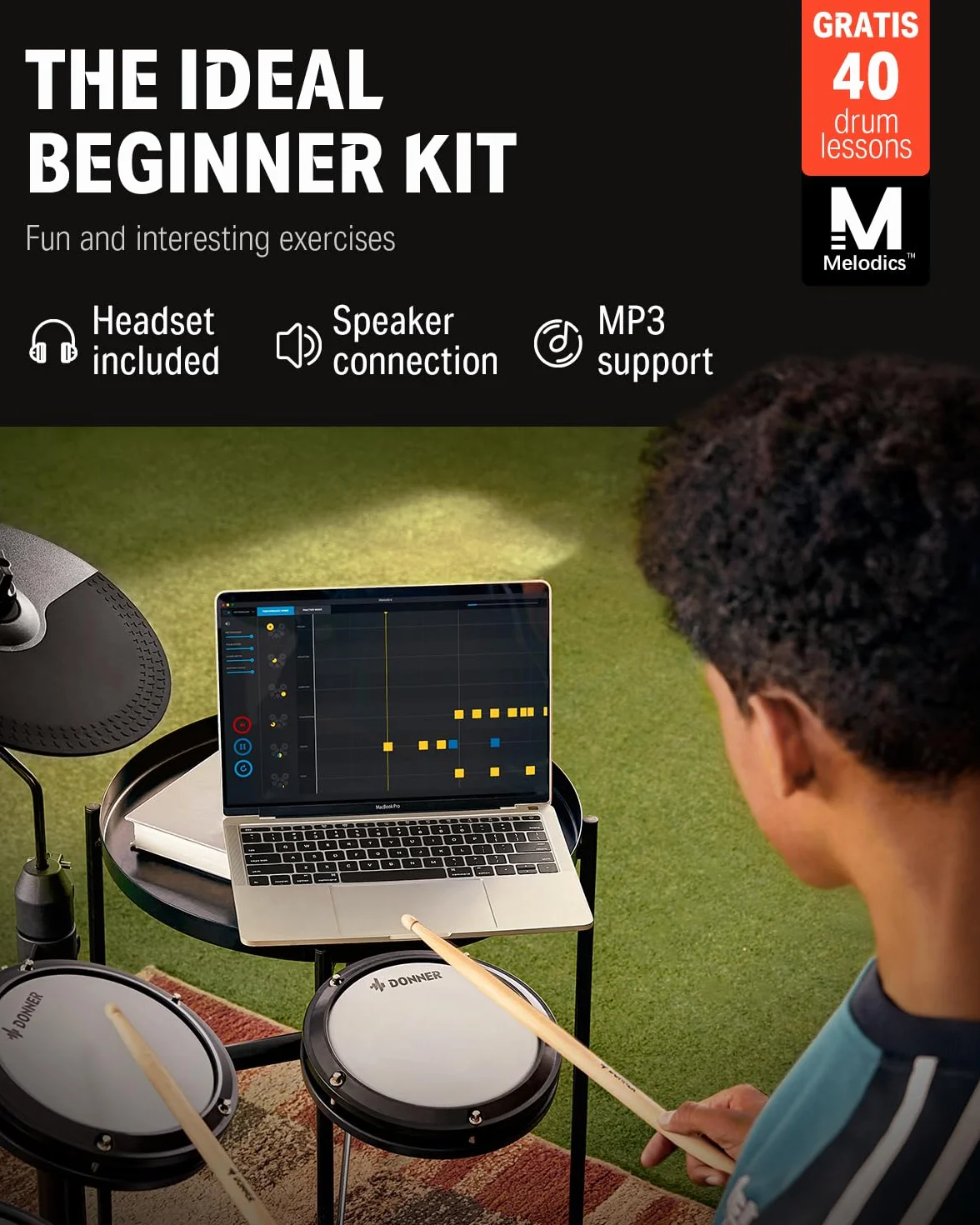 Donner DED-80 Batería Electrónica Musical de 7 Piezas con Parches de Malla,180 sonidos,Drum Throne, Headphone, Sticks,Kids Christmas Birthday Gift, 40 Melodics Lessons