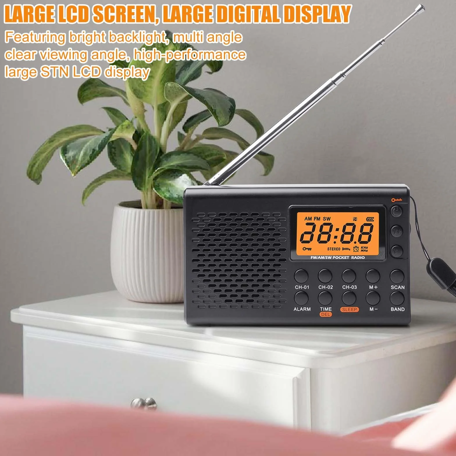 Radio portátil Am/FM/SW con Pantalla LCD, Funciona con Pilas, Altavoz Integrado, Alarma, Temporizador de Apagado automático, Conector para Auriculares, Radio de Cocina con 35 presintonías.