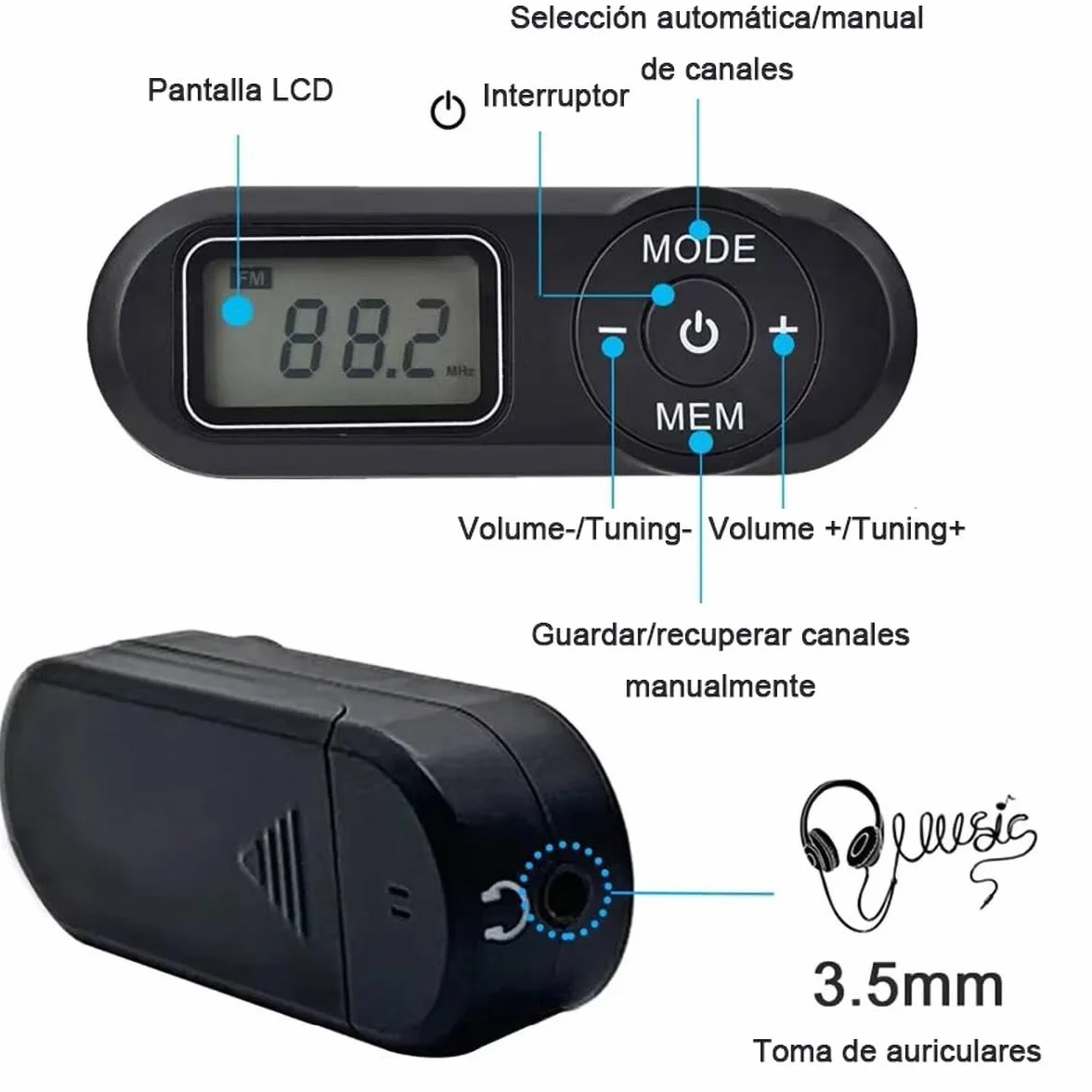 Mini Radio FM Portátil DSP 1,1 Pulgadas LCD Digital Reproductor Música Auricular Negro