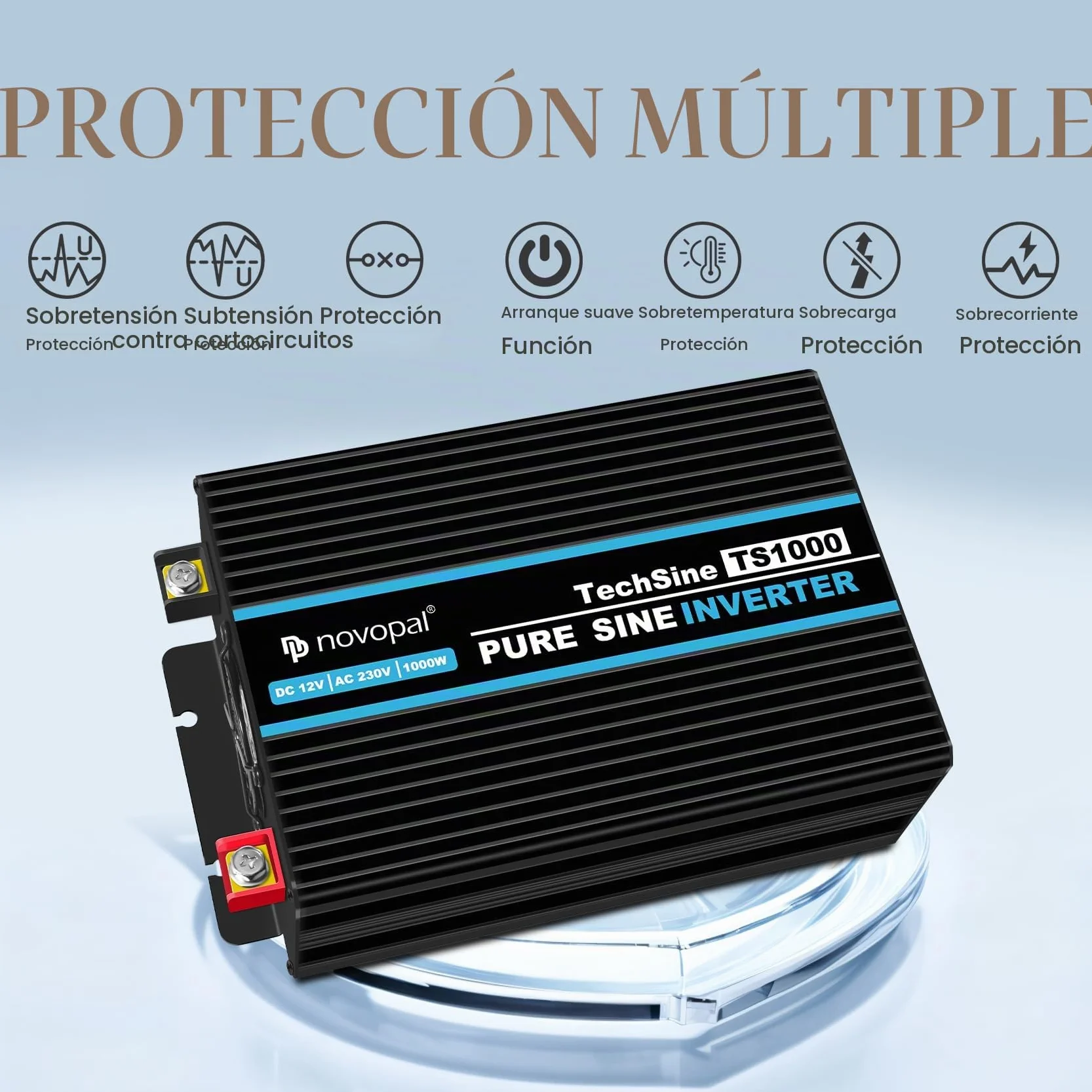 NOVOPAL 1000W Inversor de Corriente Onda Pura DC 12v a 220v 230v 5M Mando a Distancia Convertidor de Coche con 2 USB Puerto,enchufes EU para Coche/Caravana/Camión