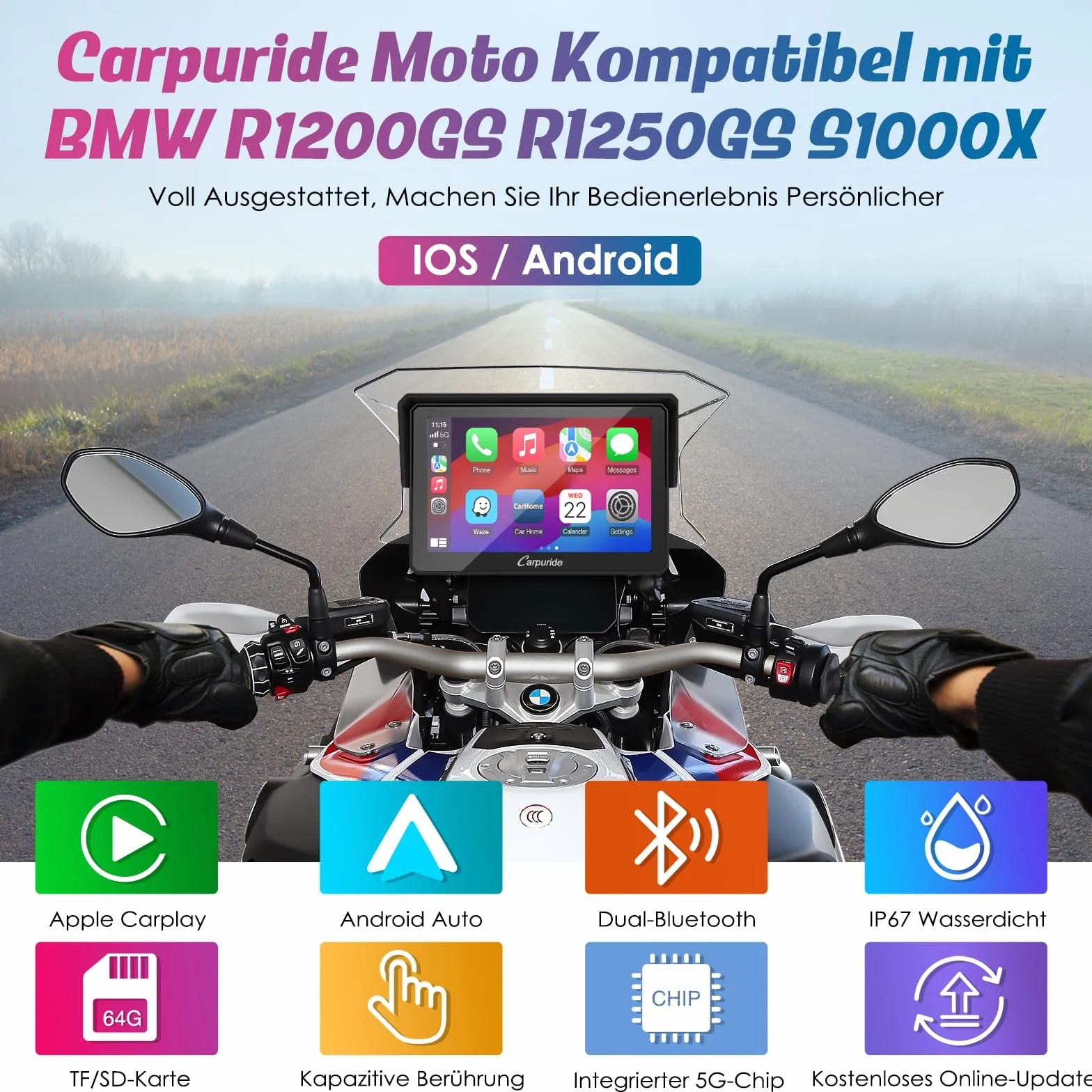 Carpuride W502B Pantalla Carplay BMW Motocicleta R1200GS R1250GS S1000XR, 5 Pulgadas Táctil Impermeable, Navegación GPS Portátil Carplay/Android Moto Bluetooth Dual