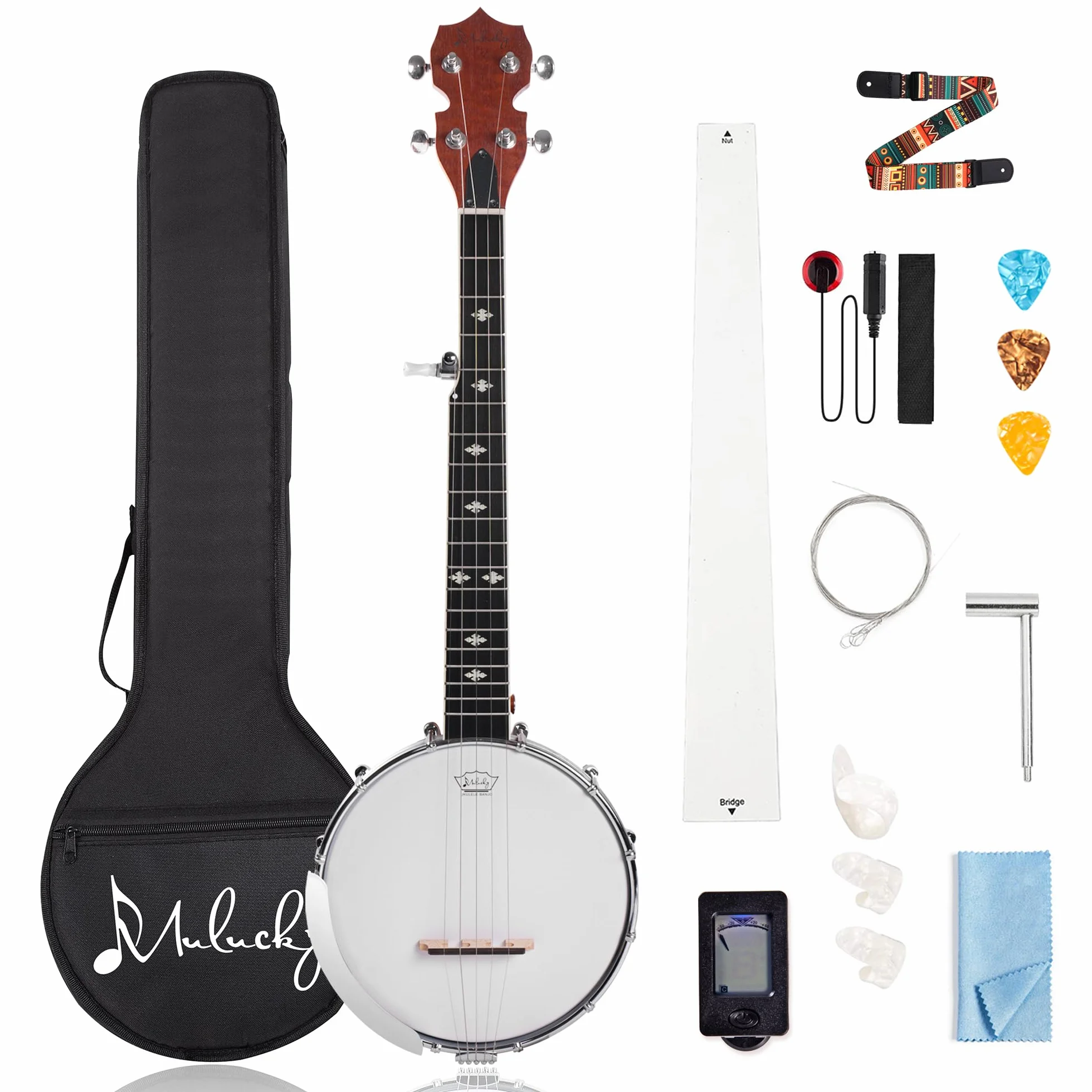 Mulucky Banjo Mini de 5 cuerdas, 66 cm, cuerpo de sapele cerrado, parte trasera sólida, kit para principiantes con bolsa de concierto, correa de cuerdas - B807