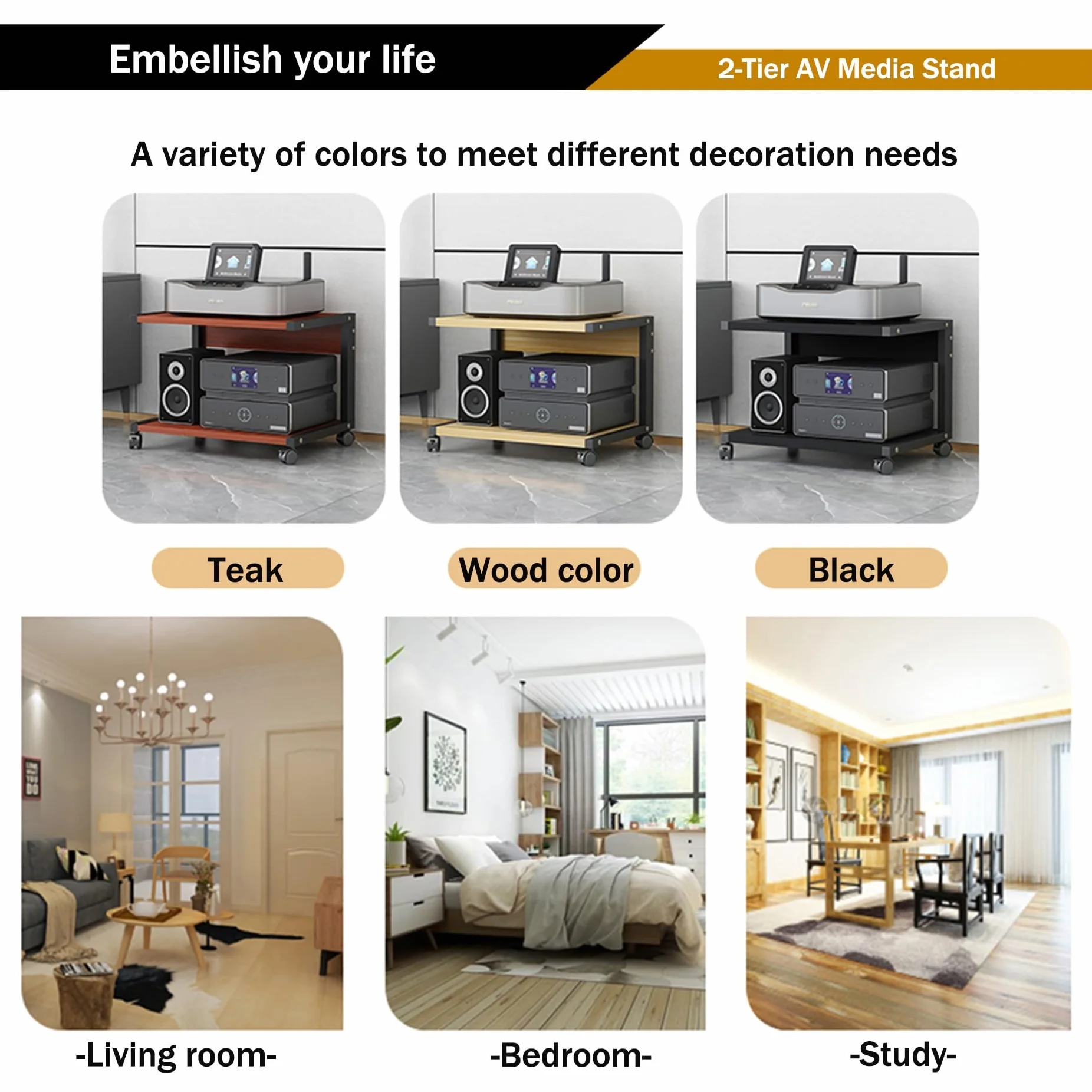 Mueble Equipo Hifi,Soporte Altavoz,Mueble Tocadiscos,Soporte para Medios Audiovisuales con Ruedas,Estanterías de Audio y Video de 2 niveles,Equipos Música Consola,para Sala de Estar y Sala de Juegos(N