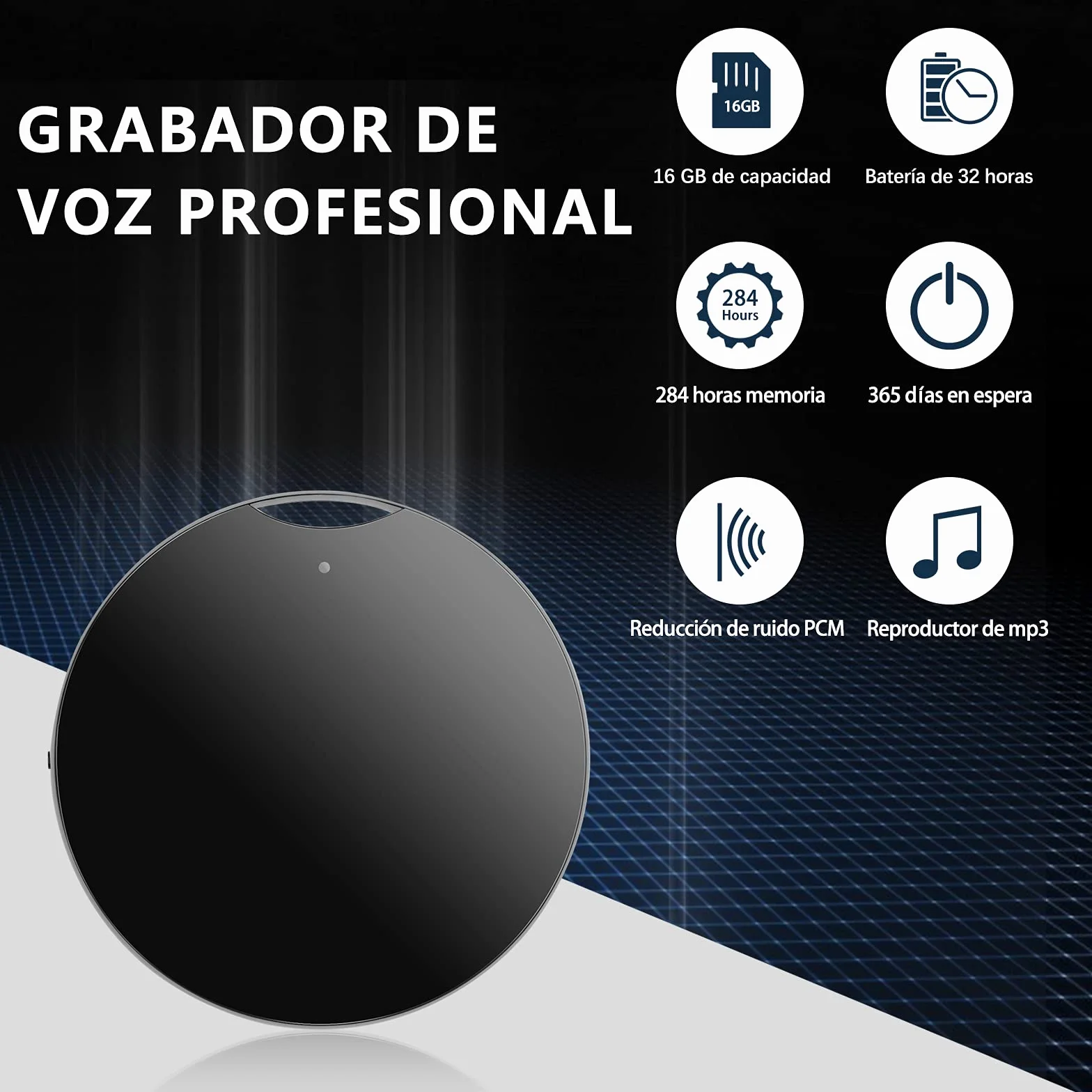 16GB Grabadora de Voz Profesional con Reproducción y OTG, Redonda Portátil Grabadora Activacion por Voz, hasta 192 Horas Grabación y 32 Horas Batería, Pequeño Dispositivo de Grabación