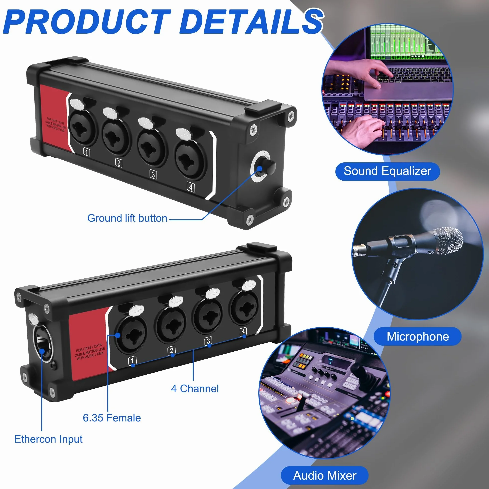 XMSJSIY Caja de serpiente de 4 canales, 4,6,35 mm, 1/4 pulgadas, TRS estéreo hembra a RJ45 Ethercon, extensor hembra a través de Ethernet Cat5/6 para Stage Sound y Grabación Studio (B)