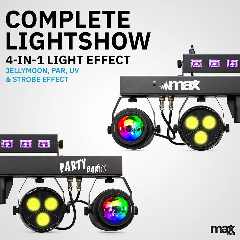 Max PARTYBAR10 | Set Luces Discoteca 2x Jelly Moon, 2x Foco PAR y UV/Flash Estrobo, Luz Fiesta Iluminacion LED Modo automático o DMX, Mando a Distancia y Trípode incluido, Preset Shows, Luces DJ
