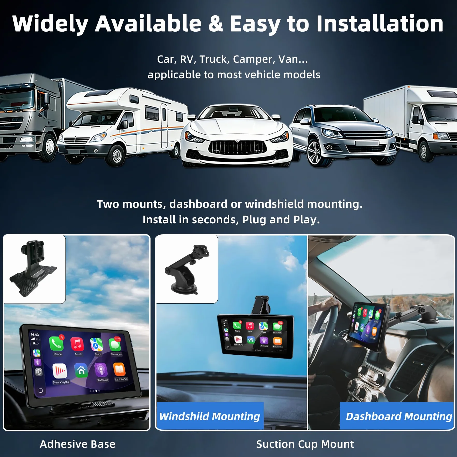 Pantalla Coche 9" con Carplay y Android Auto Inalámbrico - Pantalla Carplay con Cámara Trasera - Autoradio Portátil Car Play con FM Transmisor, AUX | Plug & Play para la Mayoría de Coches