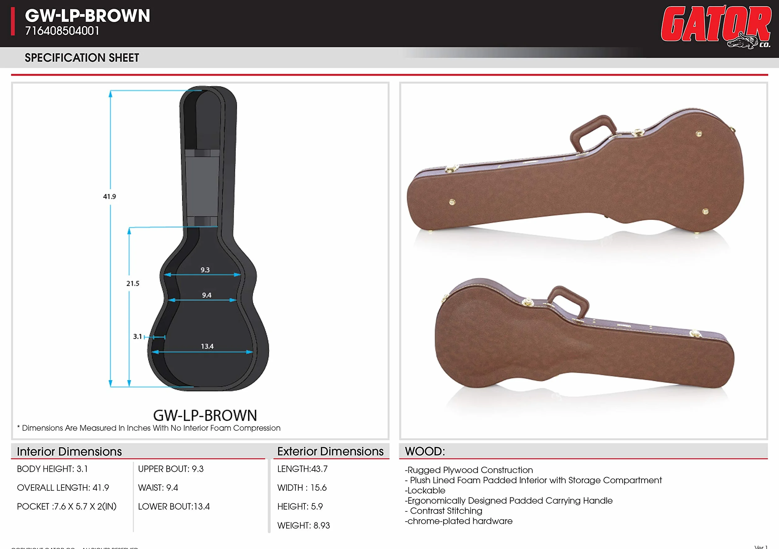 Gator Cases Estuche Deluxe de Madera para Guitarras Eléctricas Les Paul; Exterior Marrón (GW-LP-Brown)
