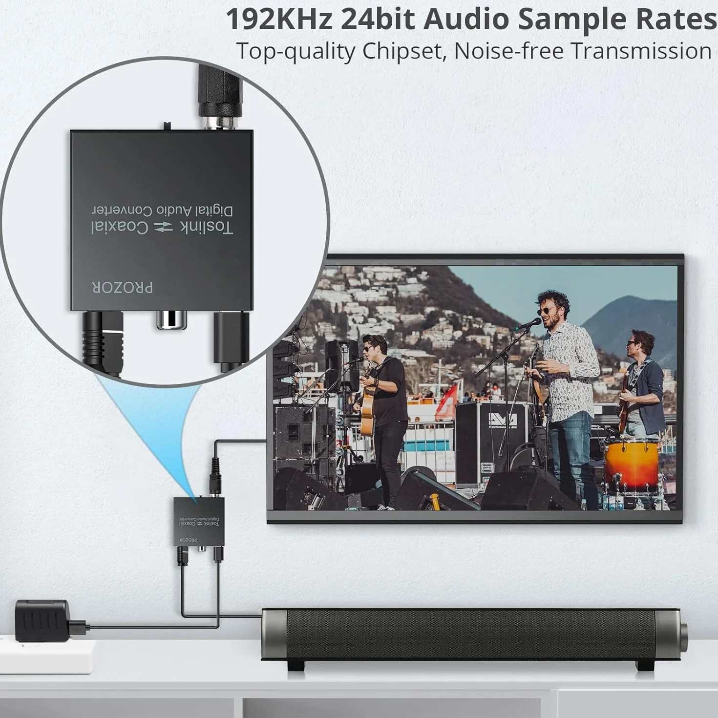 PROZOR Convertidor Audio Digital SPDIF Coaxial Óptico 192KHz DTS/Dolby-AC3 Divisor Bidireccional con Cable Óptico