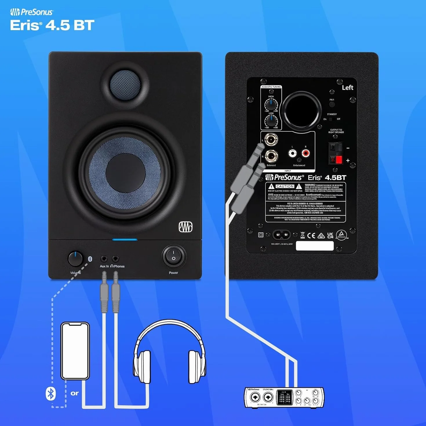 Presonus Eris 4.5 BT II Generation - Altavoces activos, Bluetooth Studio 2nd Gen + 2 cables jack Keepdrum