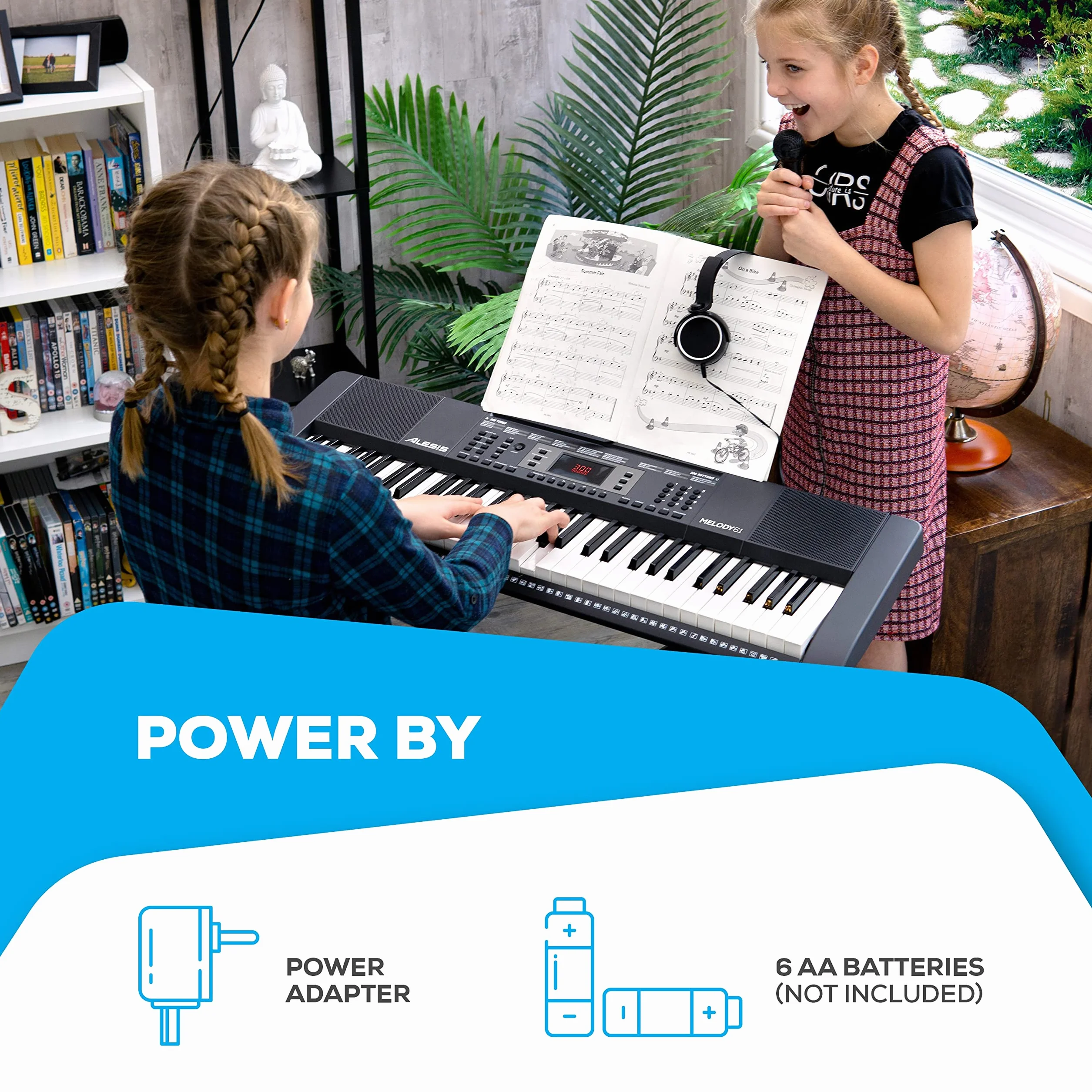 Alesis Melody 61 - Teclado de piano electrico para principiantes con altavoces, soporte, banqueta, auriculares, micrófono, atril, 300 sonidos y lecciones de música, Modelo Antiguo