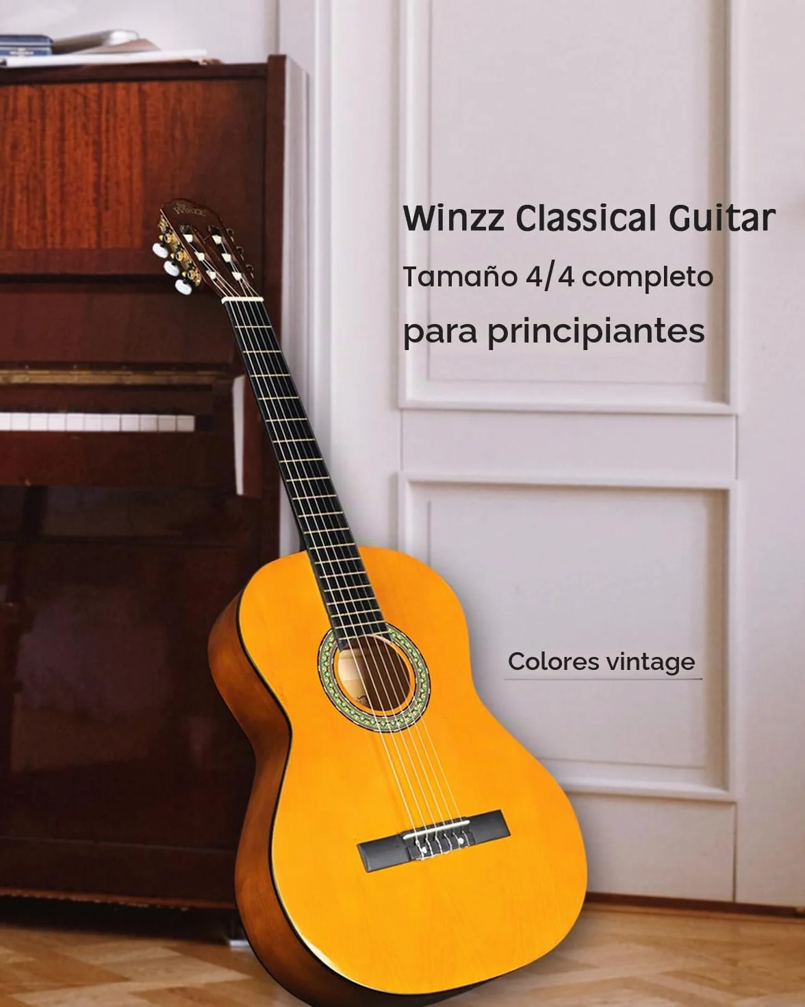 Winzz Guitarra Clásica 4/4 Starter Kit 39" para Principiantes con Reposapiés, Soporte con Ganchos de Pared, Diapasón, Afinador, Funda, Paño de Pulir - 6 Cuerdas de Nylon, Amarillo Brillante