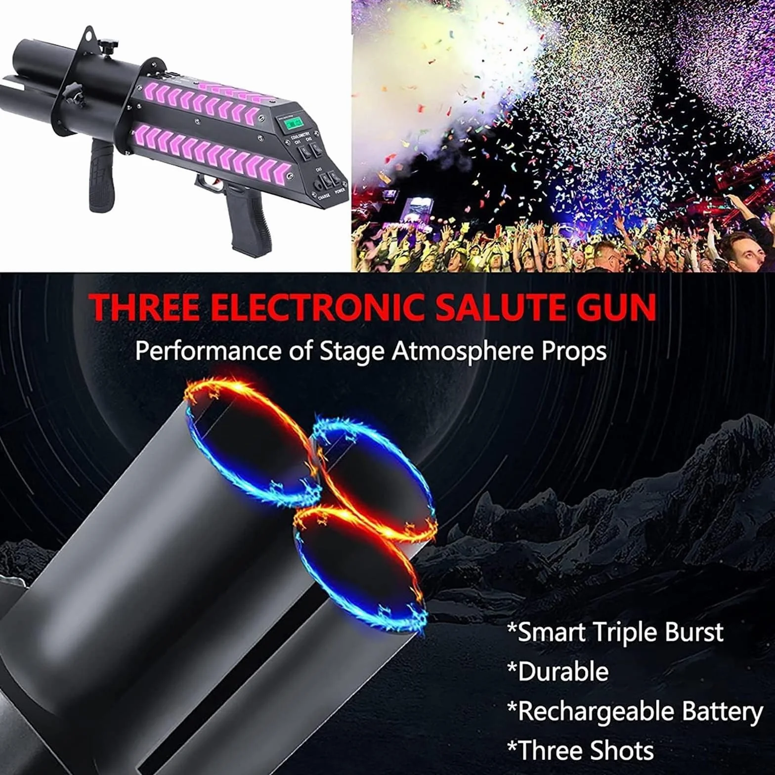 Cañón de Confeti inalámbrico, cañón de Confeti eléctrico, luz LED, Pistola de cañones de Confeti Recargable de Mano, para Eventos Especiales, Fiestas, Clubes, Bodas, conciertos