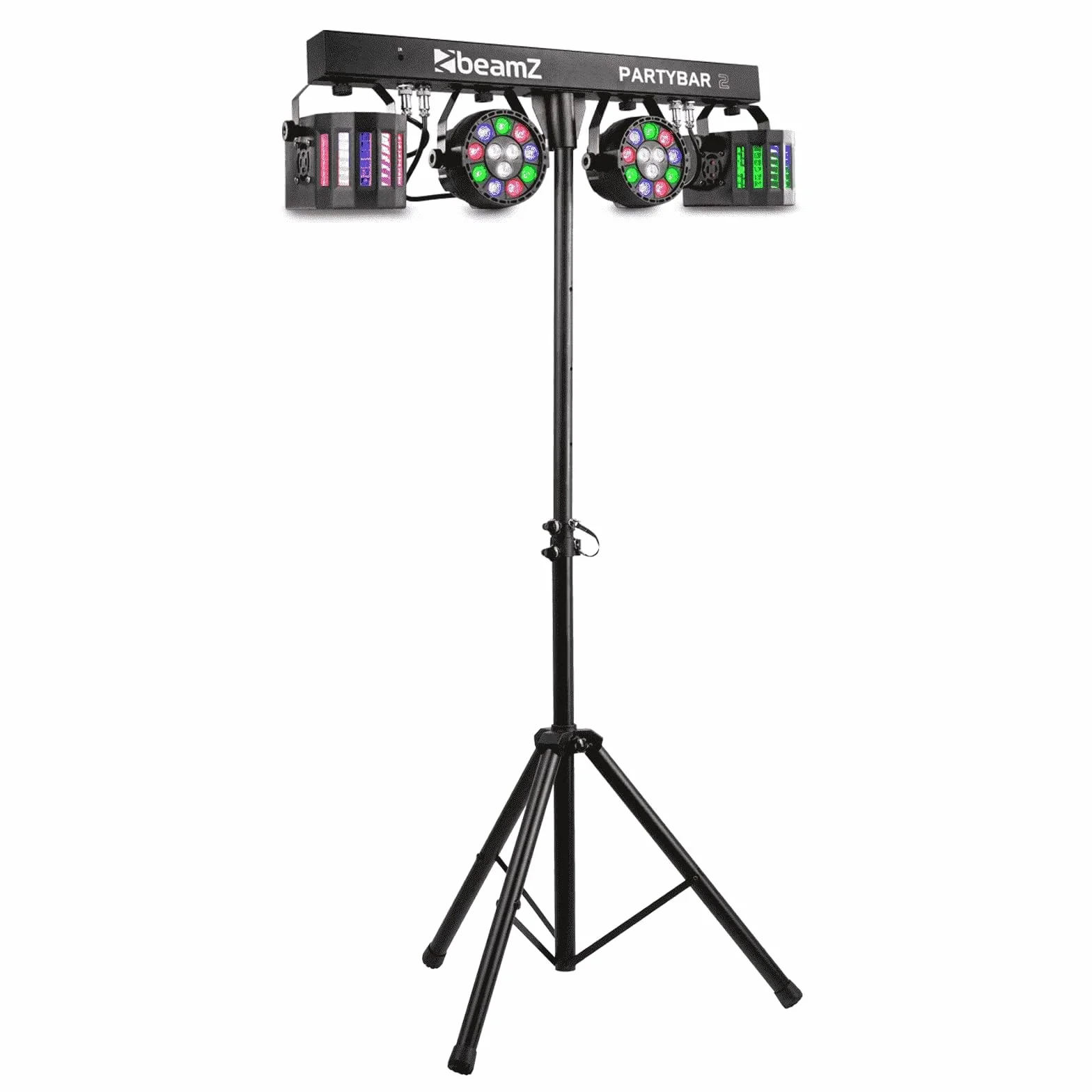 BeamZ Partybar2 - Sistema de iluminación con 2 focos PAR LED y 2 efectos Derby, control por sonido y DMX, programas automáticos, trípode incluido, ideal para fiestas, DJs, escenarios o eventos
