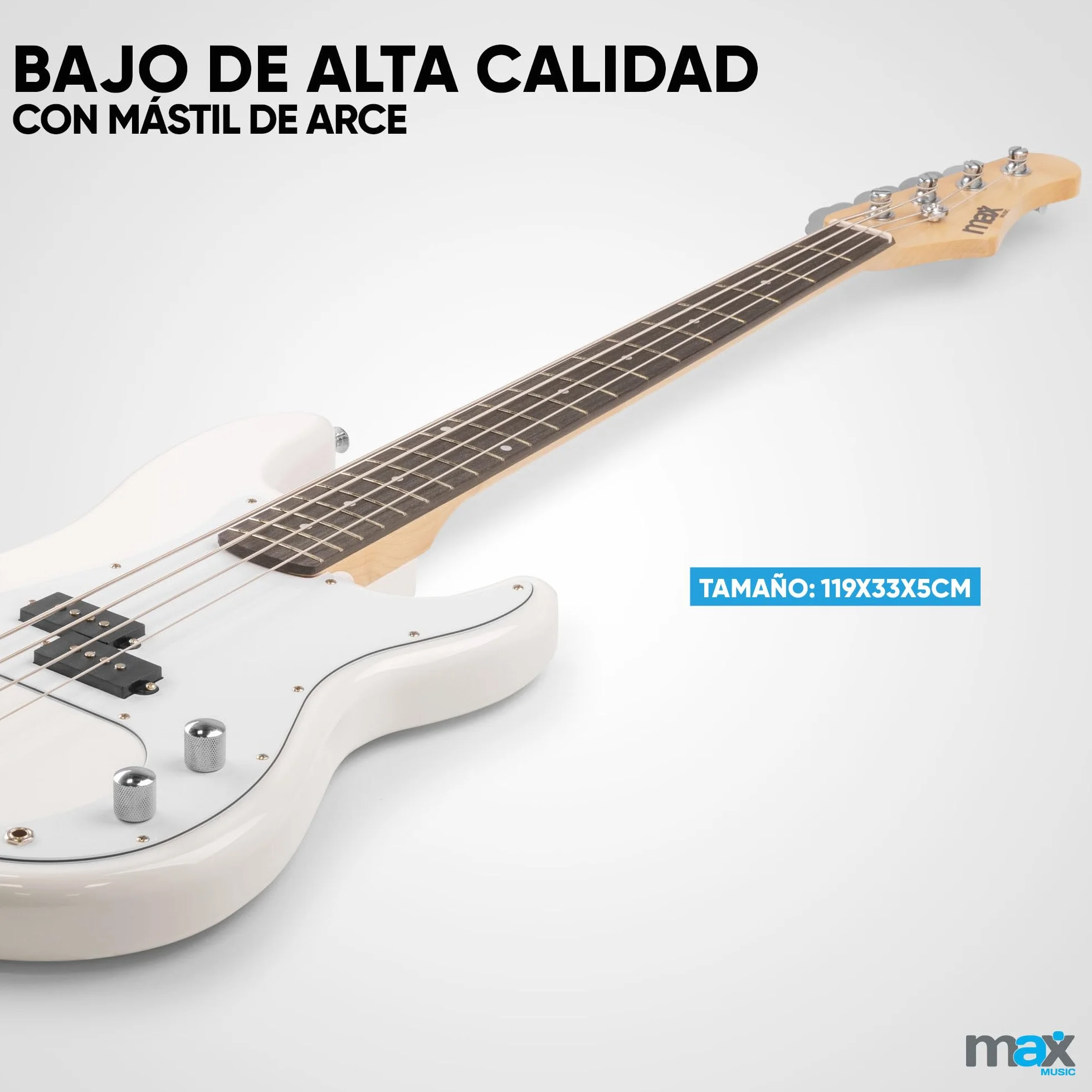 Max GigKit - Pack completo de bajo eléctrico blanco con amplificador de 40W, soporte, funda, afinador, cuerdas y cable, ideal para principiantes y práctica en casa o estudio