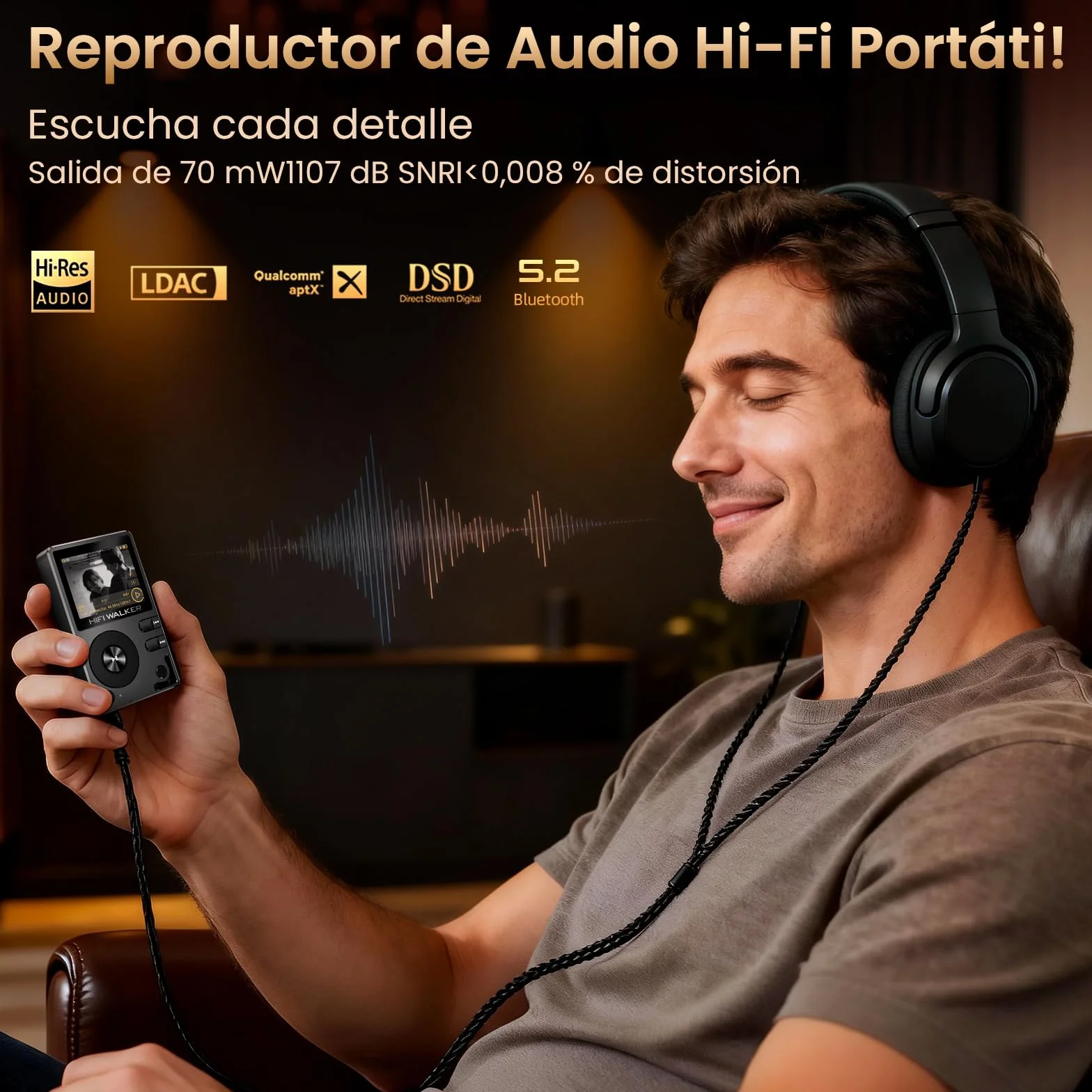 HIFI WALKER H2 Reproductor MP3 Hi-Res con Bluetooth 5.2, Reproductor de Música Lossless con DAC ES9018K2M, DSD128 Nativo 32bit/384kHz, Cuerpo de Aleación de Zinc, Tarjeta SD 64GB Incluida