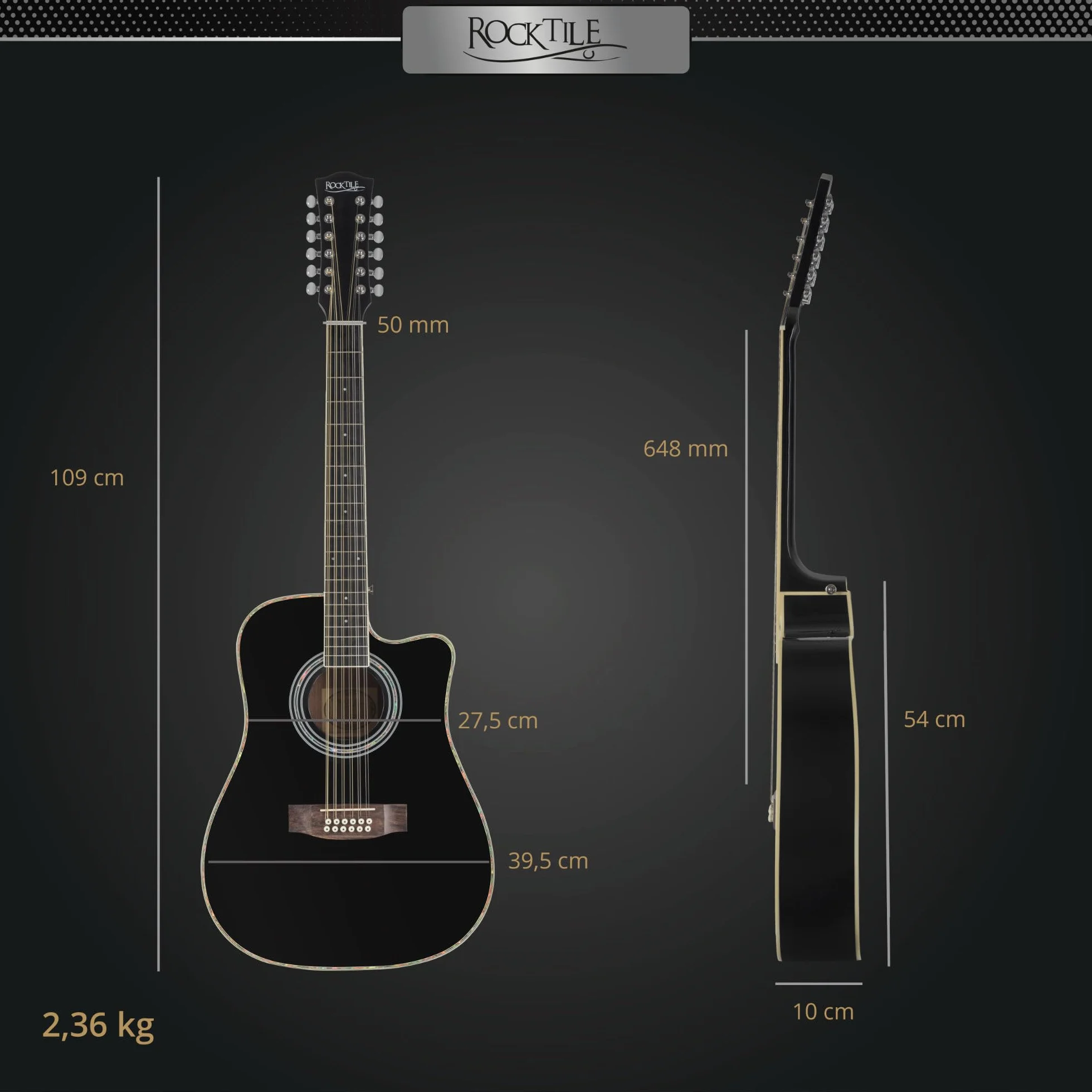 Rocktile WSD12-50C-BK Guitarra Western - Dreadnought De 12 Cuerdas Con Cutaway - Tapa De Abeto Y Cuerpo De Caoba - Diapasón De Palisandro - Acabado Gloss - Negro
