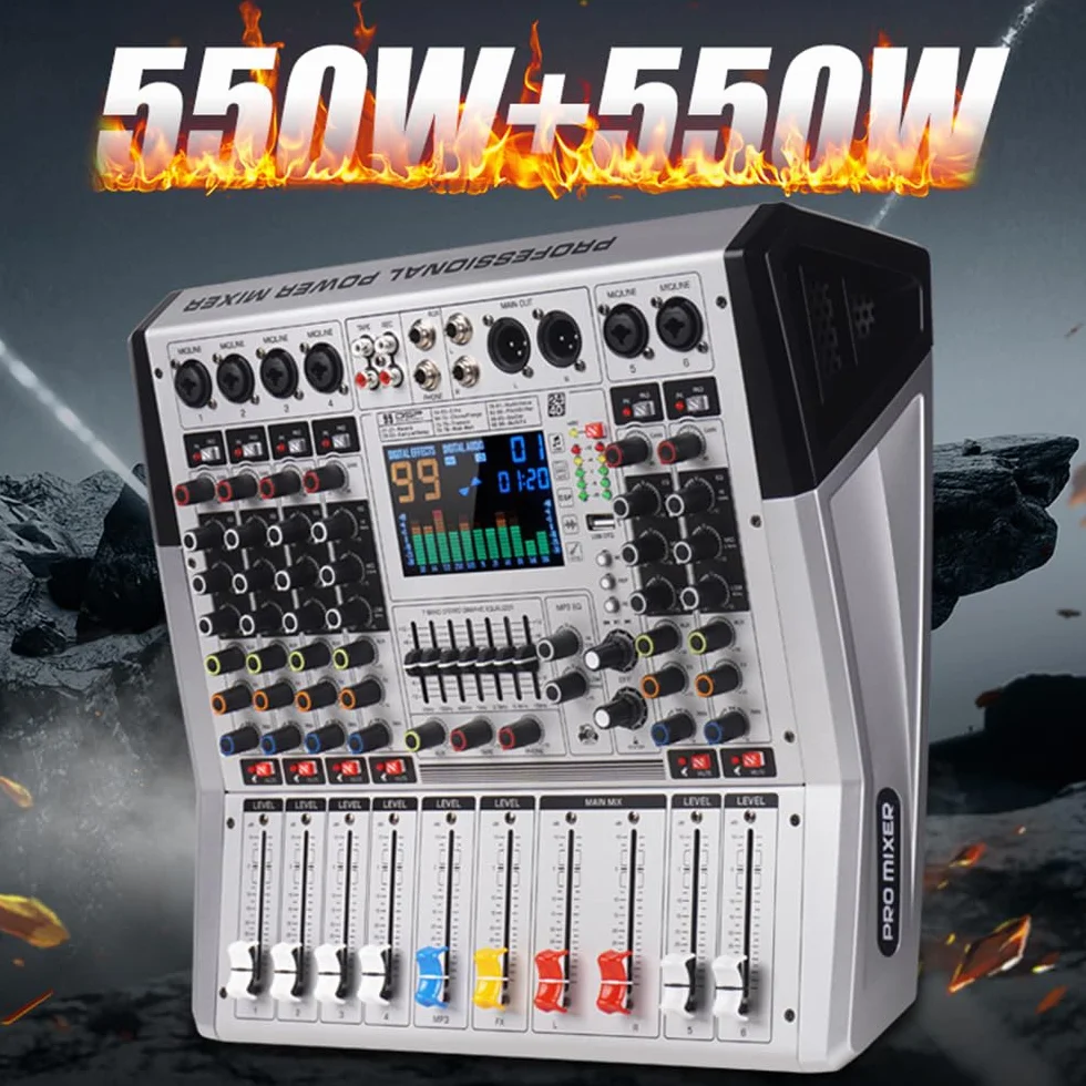 Mezclador de audio VR-6 PRO, 550W x 2 amplificador de salida de alta potencia, 99 efectos DSP, consola de DJ de audio bluetooth, pantalla de espectro de pantalla grande, sintonizador de DJ con