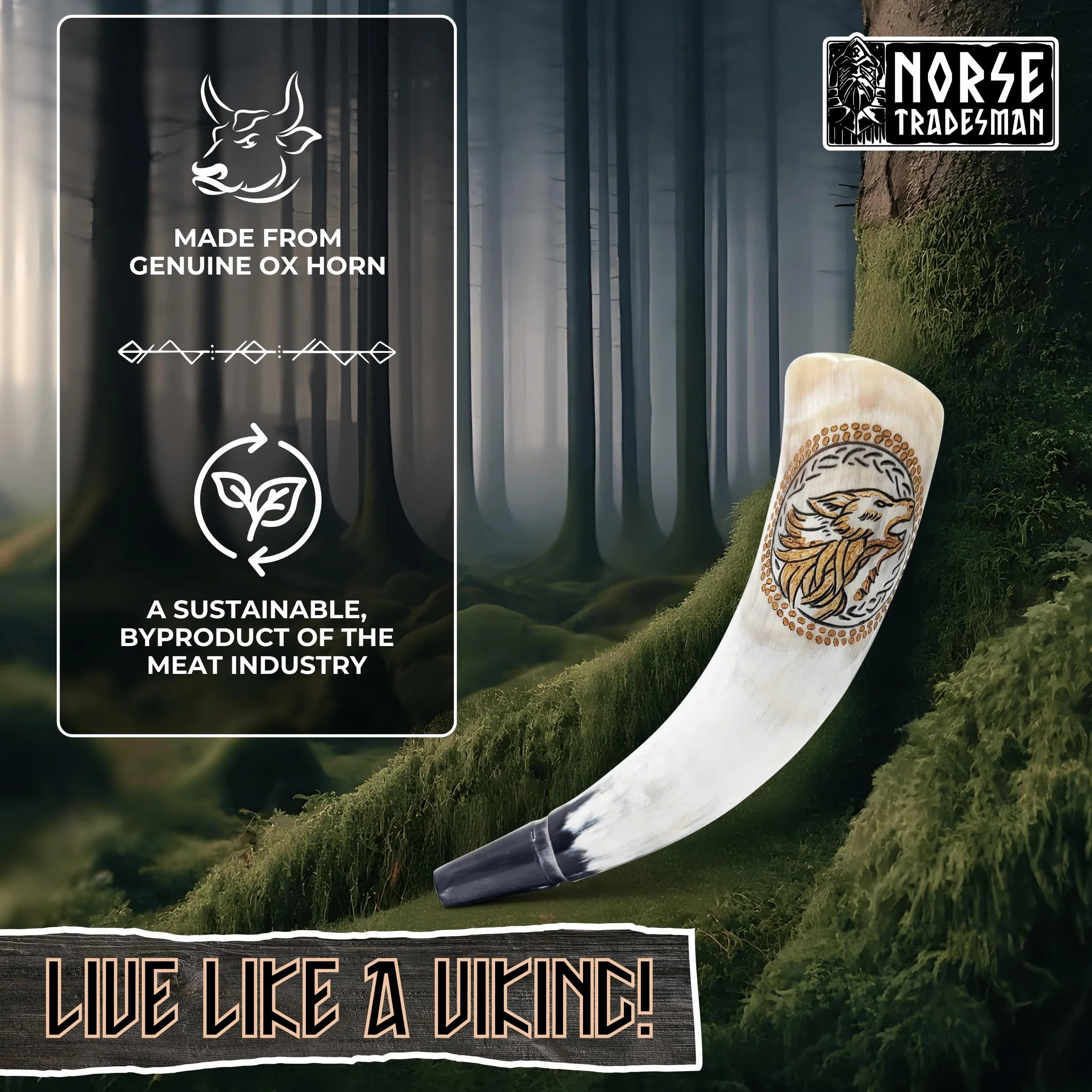 Norse Tradesman Cuerno de guerra vikingo – Trompeta de batalla de cuerno de soplado de 12 pulgadas hecha de auténtico cuerno de buey premium – Grabado a mano con lobos nórdicos – Una pieza de historia