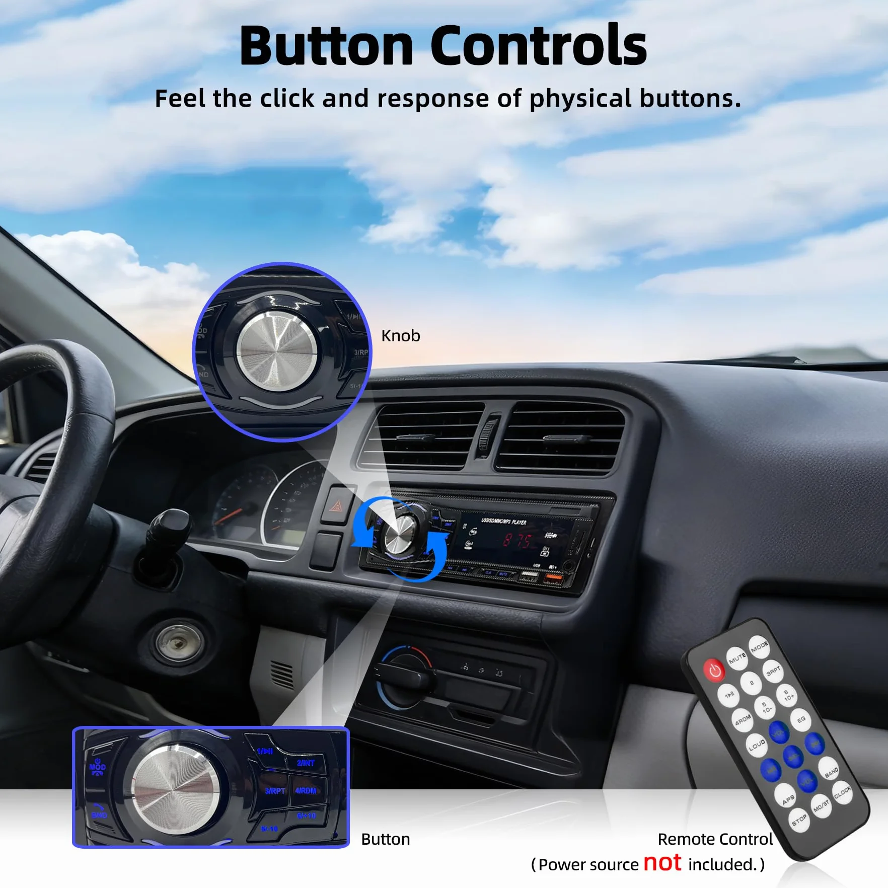 Radio Coche Bluetooth 1 DIN - Autoradio con 2 Puertos USB, Manos Libres, Entrada AUX y SD | Control Remoto y Radio FM - Estéreo Universal para Coche 12V (Negro)