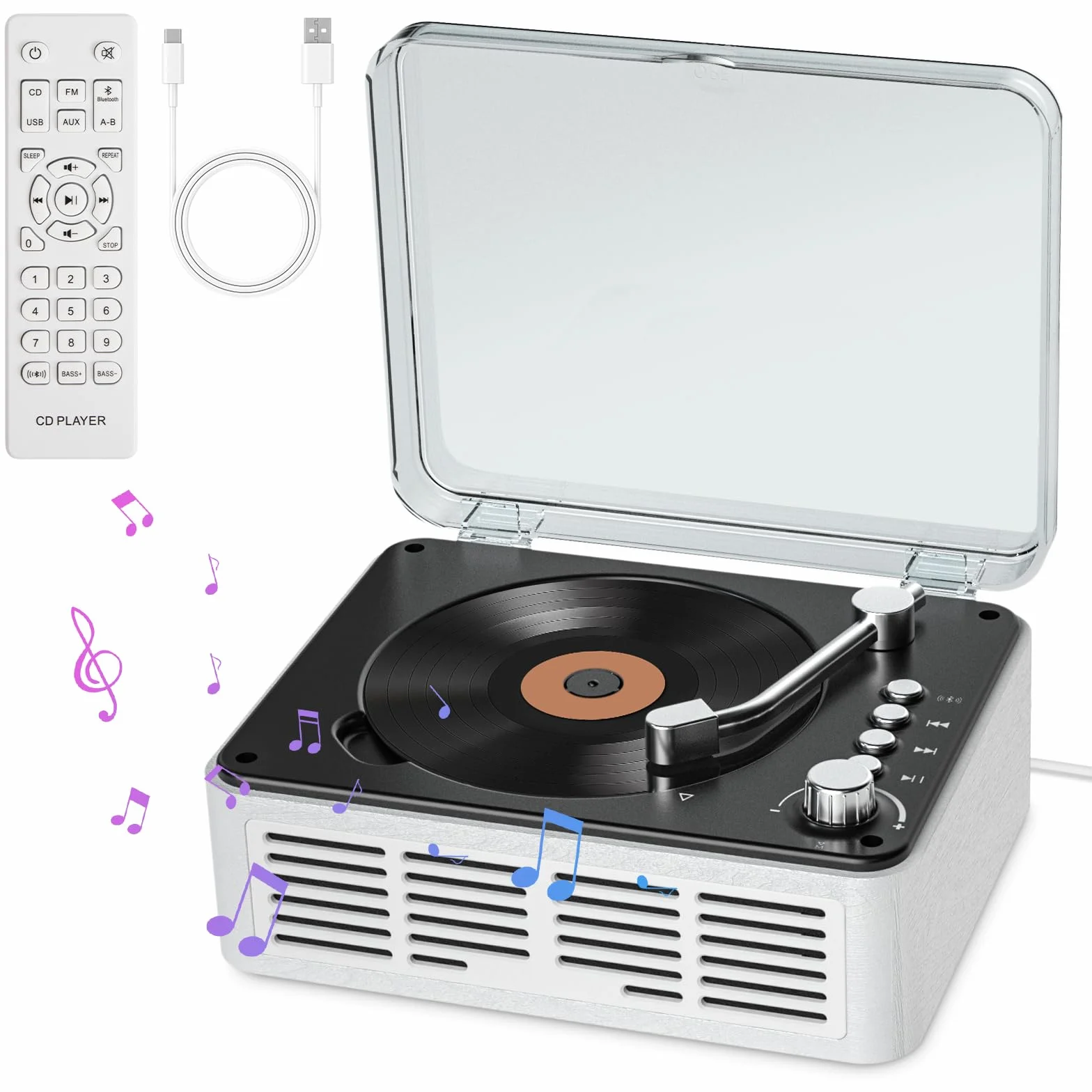 Reproductor de CD Bluetooth Vintage con Radio FM, Altavoces Estéreo HiFi y Control Remoto - Blanco