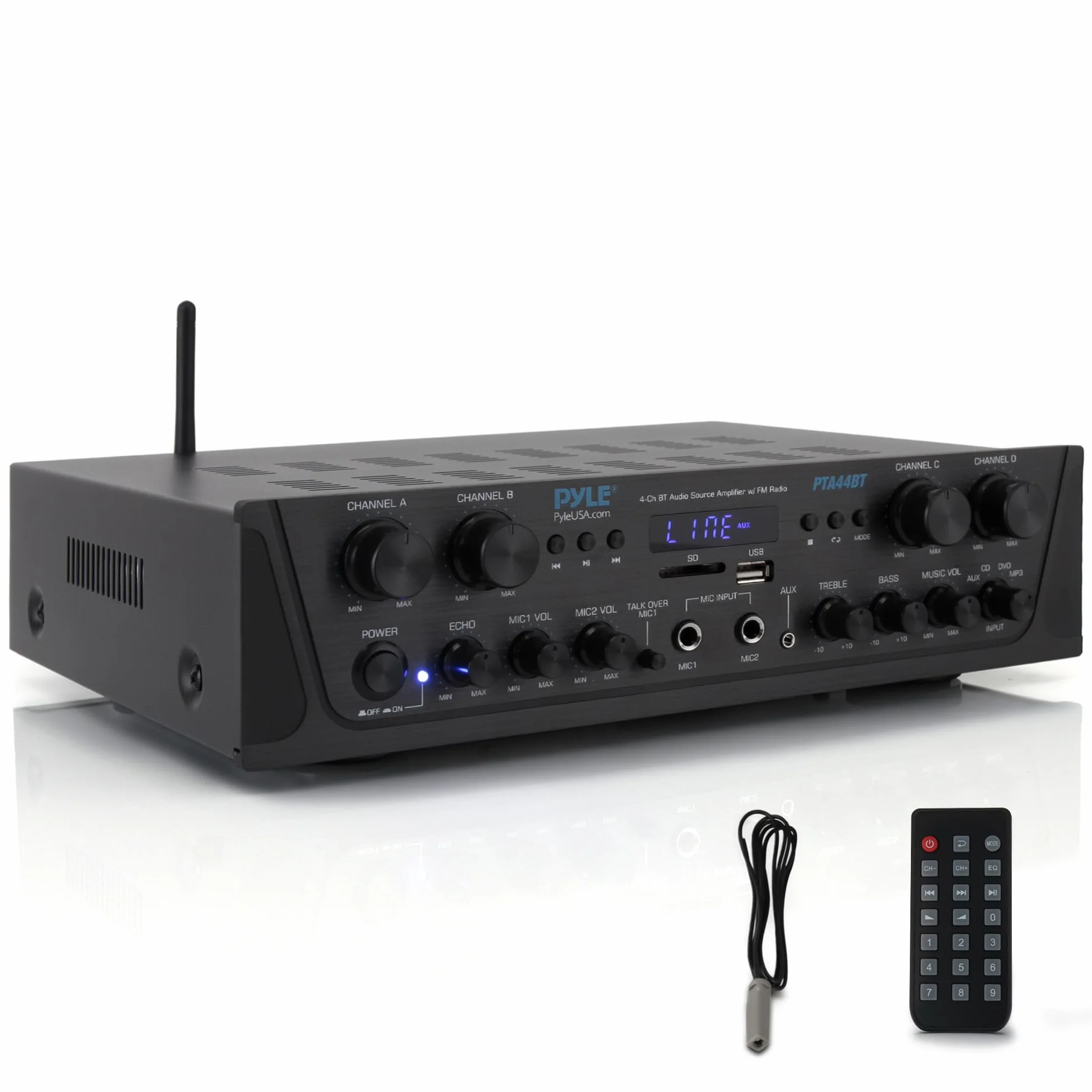 Pyle Amplificador de Audio, Inalambrico, Bluetooth, Estereo, 4 Canales, Entrada de microfono, AUX, Salida del Altavoz del subwoofer RCA, USB, Potencia Maxima de 500W a 4-8 ohmios
