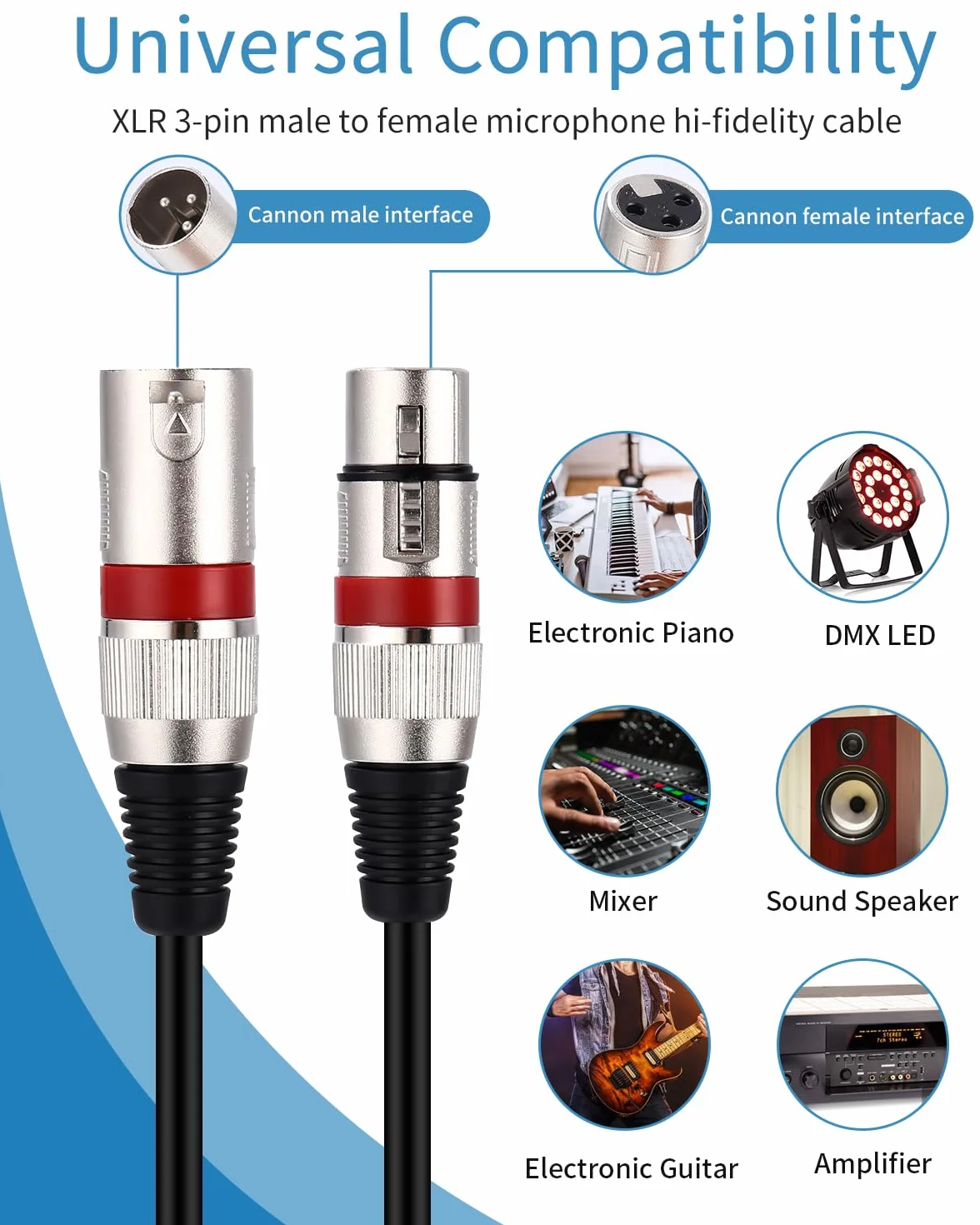 Xespis 6Pack 5M Cable XLR Cable de micrófono,Cable XLR balanceado de 3 pines macho a hembra Cable de micrófono multicolor Cable DMX Cable de conexión de micrófono