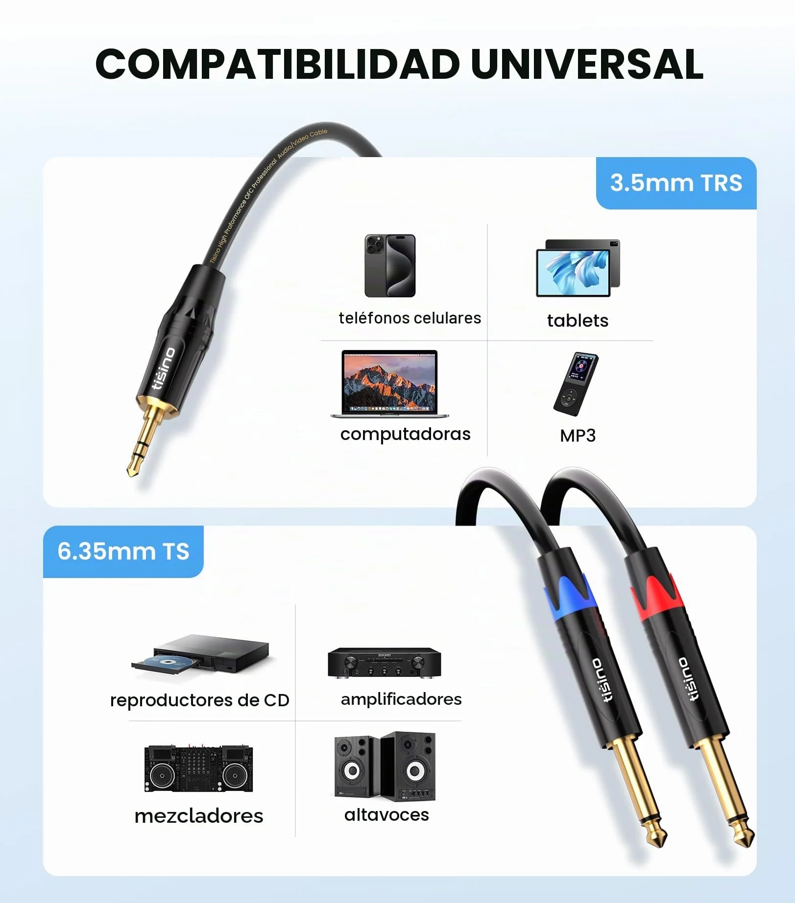 Tisino Cable Mini Jack a Jack Stereo- Cable Audio 3,5 mm a Doble 6,3 mm Mono para Mezclador, Ordenador portátil, Dispositivos de Cine en casa, Amplificadores- 1M