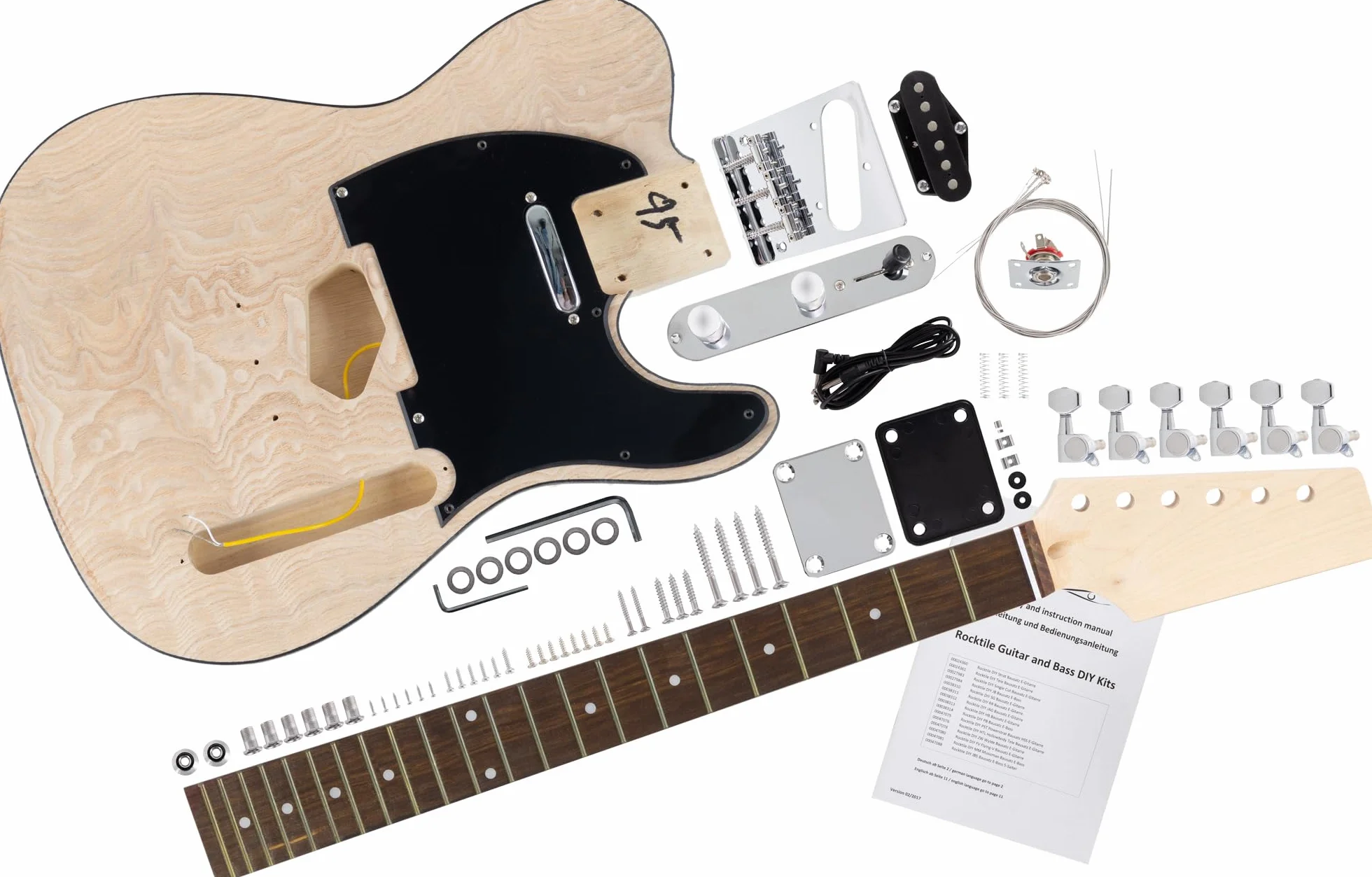 Rocktile Kit de Construcción de Guitarra Eléctrica TL-Style - Kit DIY para Montar con Cuerpo de Paulownia, Mástil de Arce, Diapasón de Palisandro, 2 Single-Coil, Incl. hardware - Natural