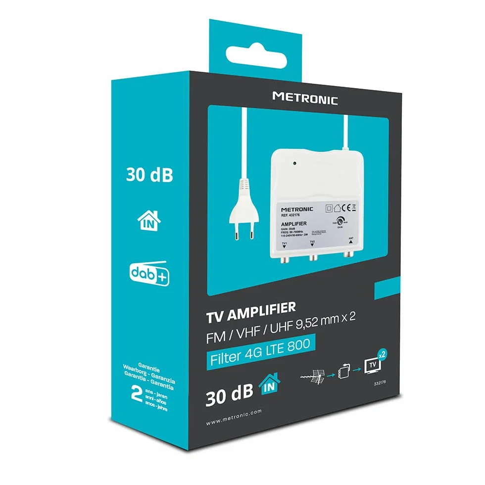 Metronic Amplificador Interior FM/VHF/UHF 30 dB Filtro 4G DAB+ Blanco