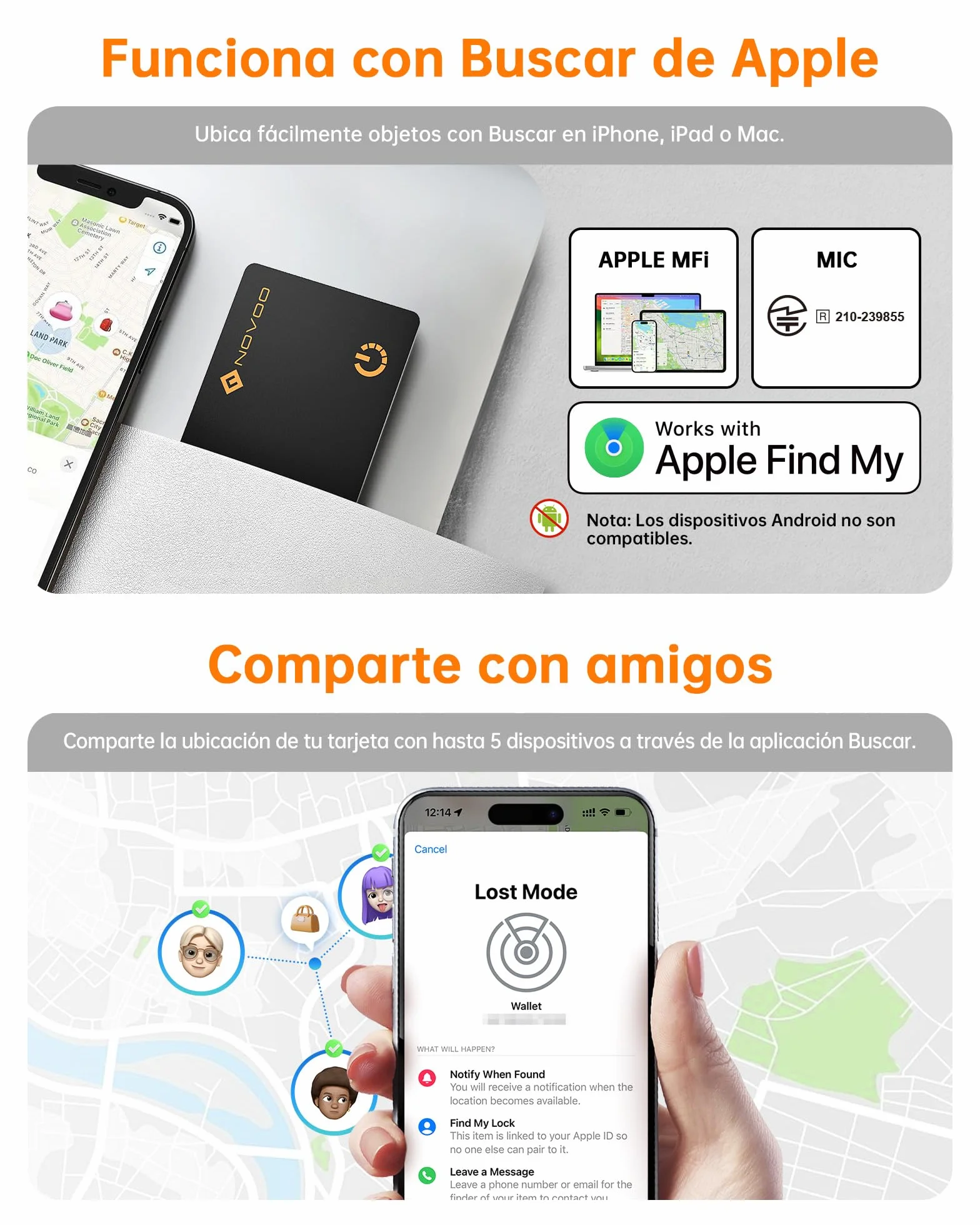 NOVOO Air Tag Card Wallet Tracker, 1.6 mm Tarjeta Inteligente Delgada, 6 Años Batería, IP68, Compatible con Apple Dónde Está(Solo iOS), Localizador Bluetooth para Carteras/Maletas/Pasaportes, Negro