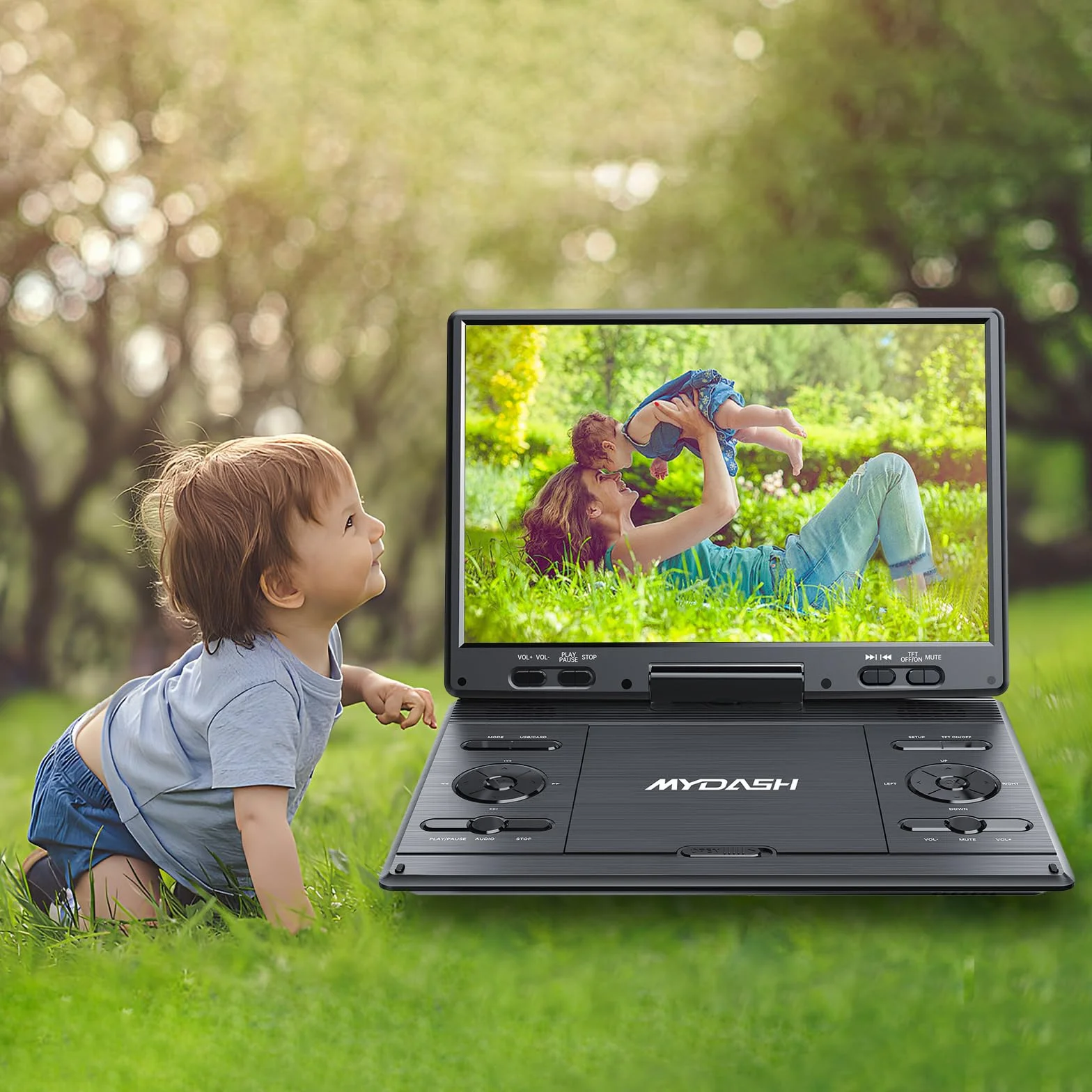 Reproductor de DVD portátil 14.1 para coche para niños con pantalla giratoria HD de 12.5 pulgadas, diseño exclusivo de teclas, función de proyector de sincronización, puerto USB/SD.