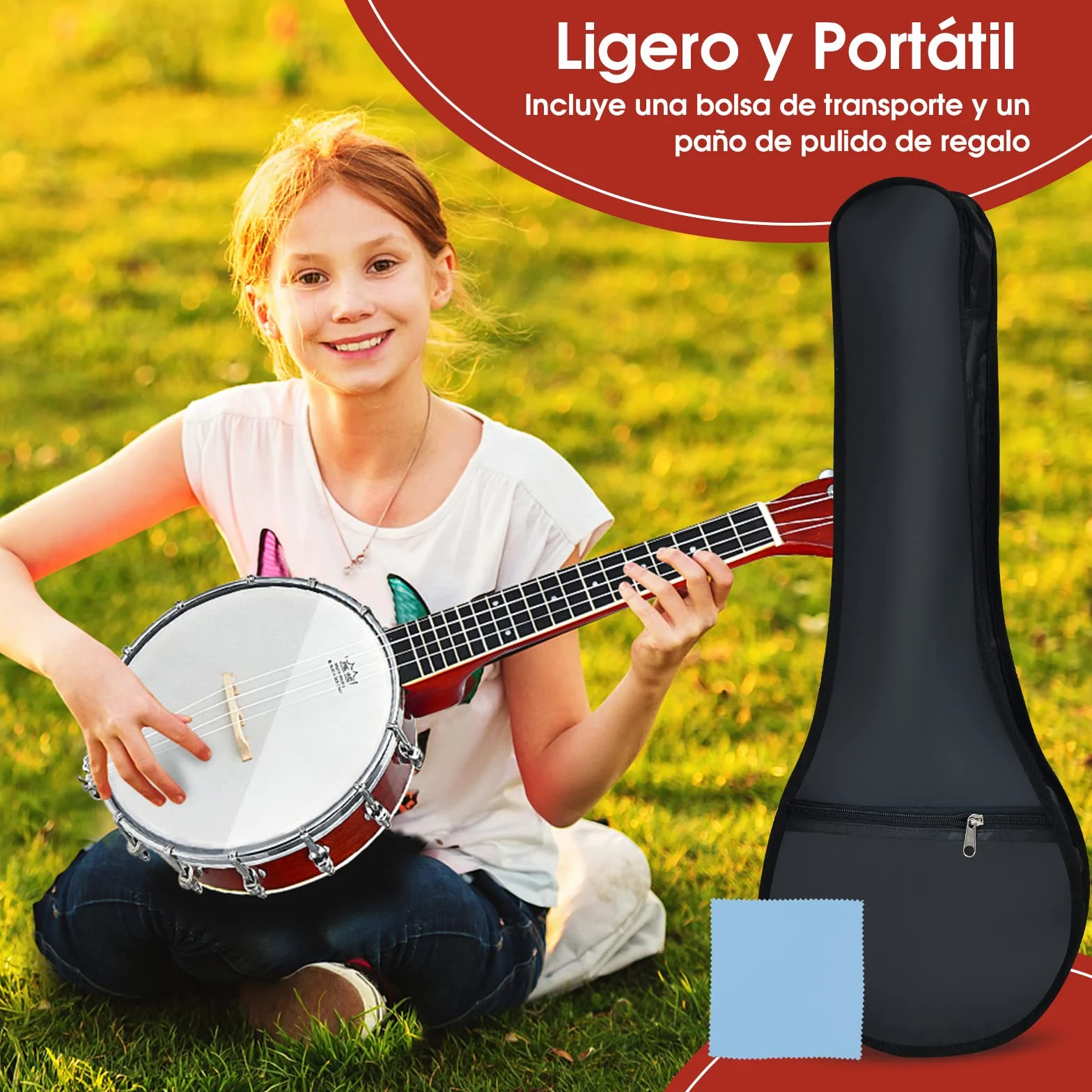 COSTWAY Banjo de 4 Cuerdas, Banjo/Ukelele de Concierto de 62,5 cm con Parte Posterior Sólida y Bolsa de Transporte, Revestimiento Brillante, Kit de Banjo de Viaje para Niños y Adultos