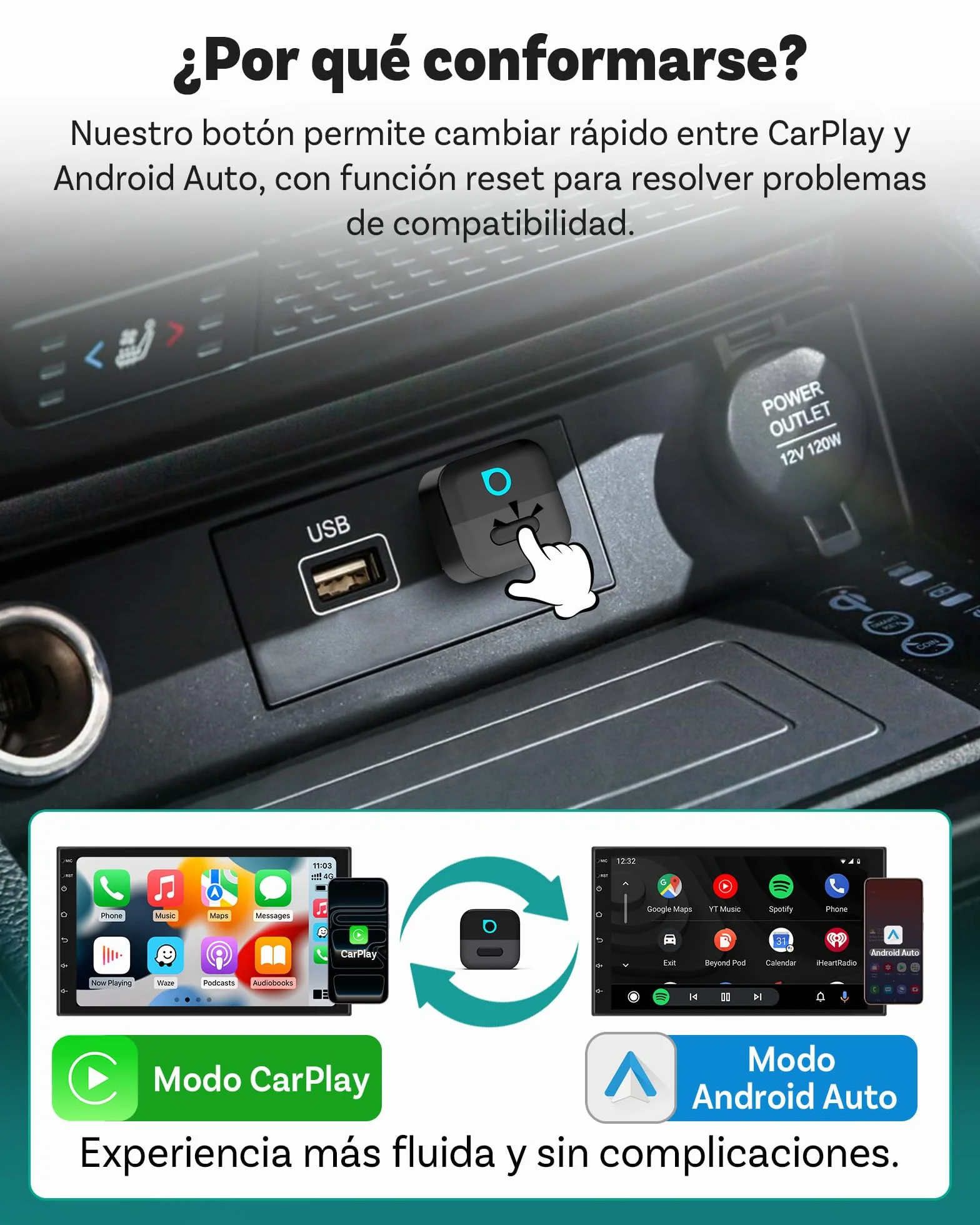 Ottocast Mini Pico, Novedad 2026, Adaptador inalámbrico 2-en-1 CarPlay Android Auto, Cambio de Dispositivo con un Toque, Plug & Play, WiFi 6 y Bluetooth 5.4, Conexión automática para iPhone y Android