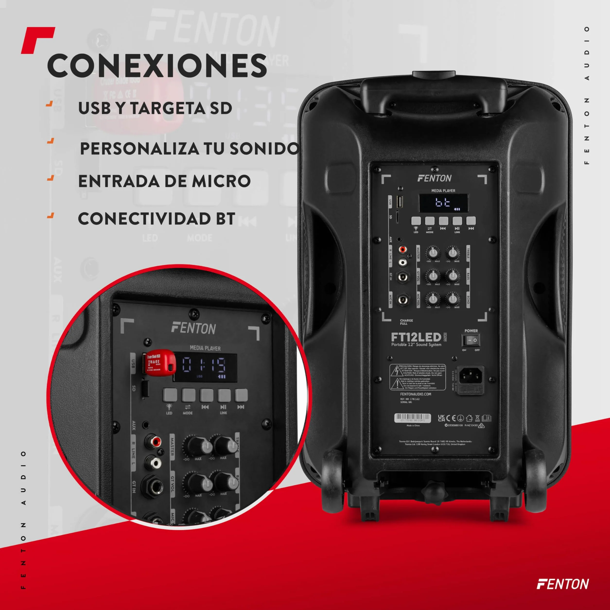 Fenton FT12LED MK2 – Altavoz Bluetooth Grande Potente 700W con micrófono Bluetooth inalámbrico, woofer 12", Altavoz portátil Bluetooth Potente con USB, Karaoke y batería Color Negro