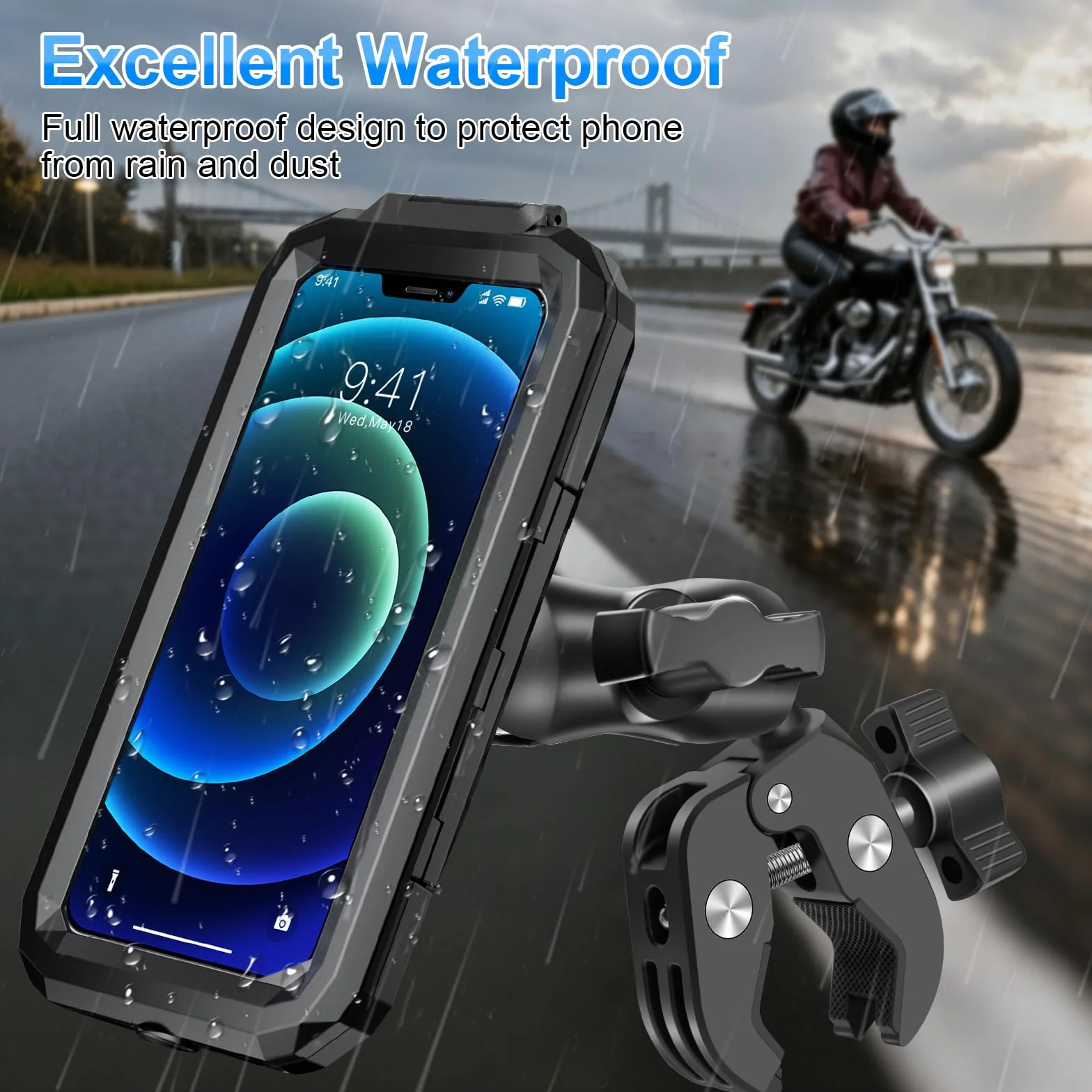 Soporte Móvil Moto Impermeable Porta Teléfono Bicicleta 720º Giratorio Brazo Extensible Metálico 5,5-7,0" Smartphones Negro