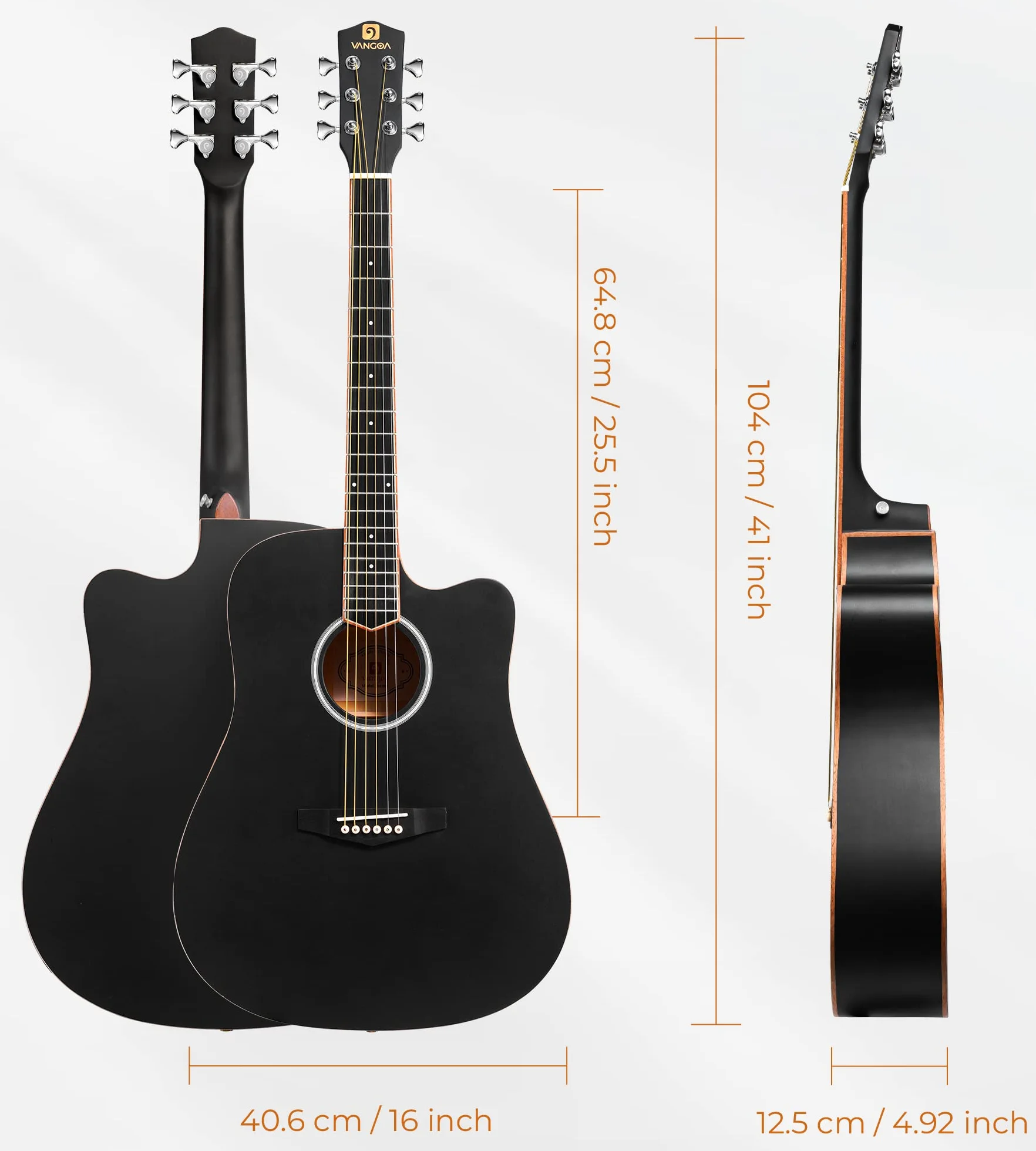 Vangoa 4/4 Guitarra Acústica Corte Tamaño Completo Set Dreadnought 41 pulgadas Folk Acoustic Guitar Kits para Principiante Estudiante Adulto, Negro