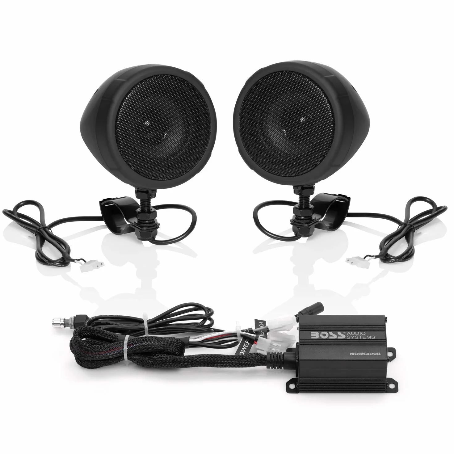 BOSS Audio Systems Sistema de altavoces Bluetooth MCBK420B:amplificador compacto de clase D, altavoces resistentes a la intemperie de 3 pulgadas,ideal para usar con vehículos todo terreno/motocicletas