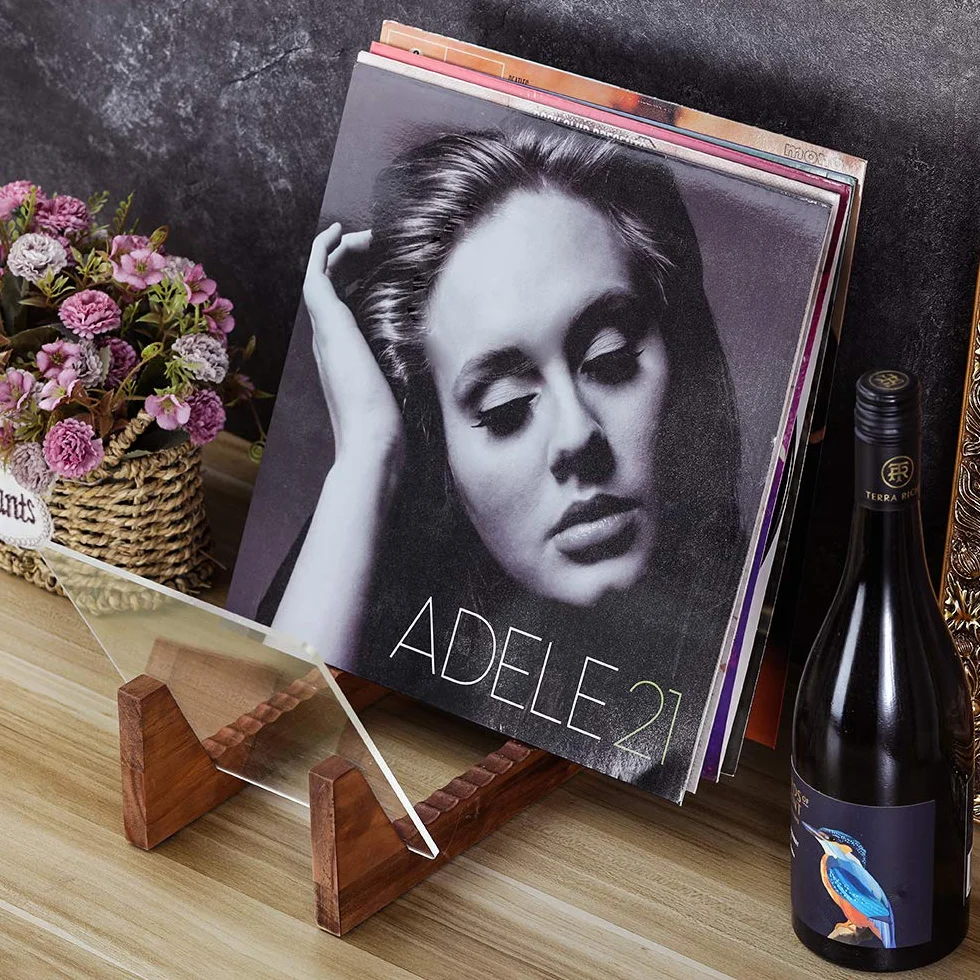 Estanterias para Discos de Vinilo,Almacenamiento Discos Vinilo,Soporte para Discos de Vinilo de madera maciza con soporte de acrílico transparente,diseño premium, Capacidad 50 Álbumes,Marrón