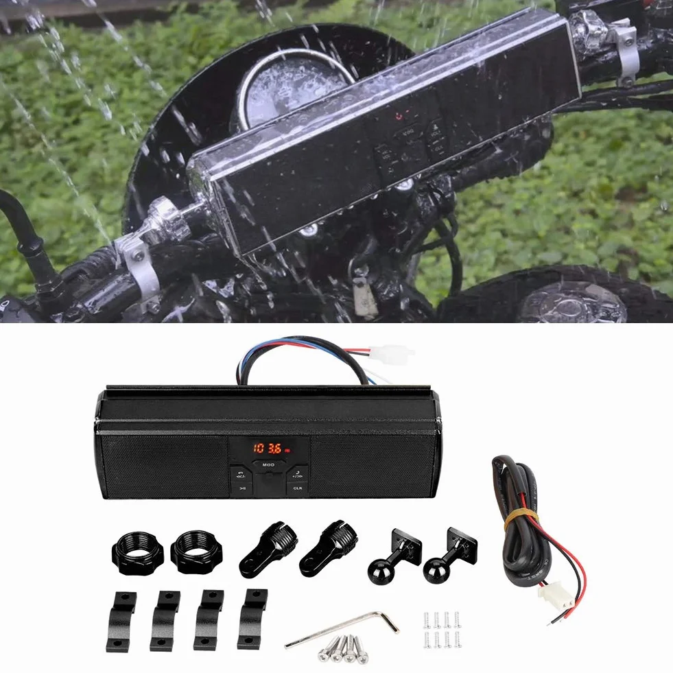 Qiilu Sistema de o de la Barra de la manija de modificación de la Motocicleta, reproducción de USB Sistema de Sonido Antideslizante a Prueba de Agua Altavoz estéreo de Moto(Negro)